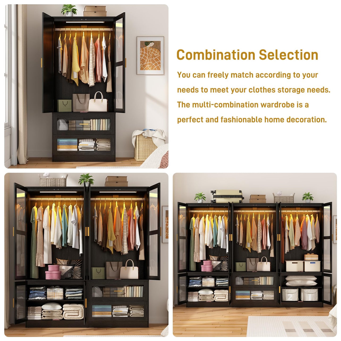 4 Doors Armoire Wardrobe Closet with LED and Mirror,71" H Freestanding Wooden Wardrobe Closet Cabinet for Bedroom w 2 Drawers,Wooden Clothing Storage Cabinet w Hanging Rod,Closets for Bedroom(Black)