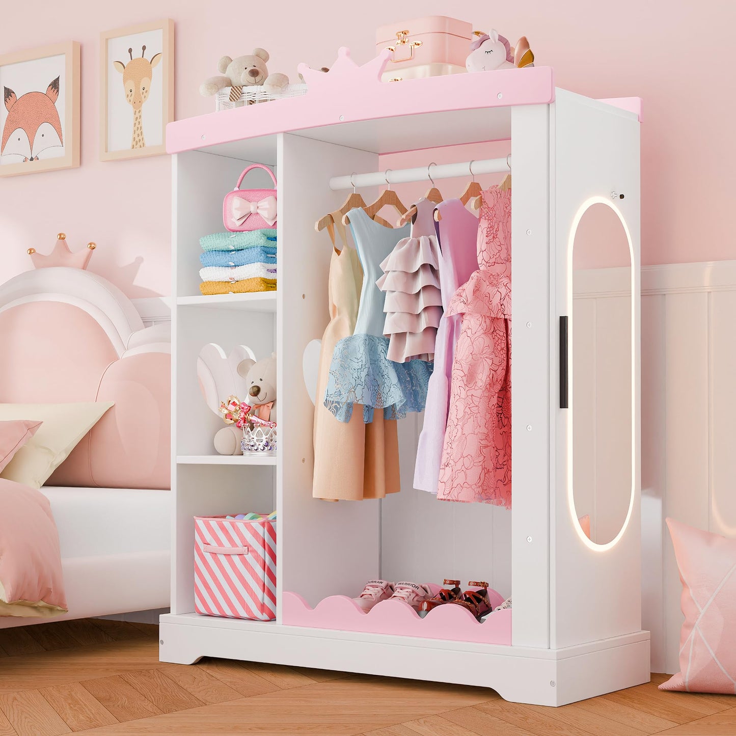 Xilingol Kids Armoire with Jewelry Cabinet, Dress up Storage with Mirror and Shelves, Princess Dress Closet and Costumes Wardrobe Closet, Costume Organizer for Bedroom, Kids Room, Girls (White)