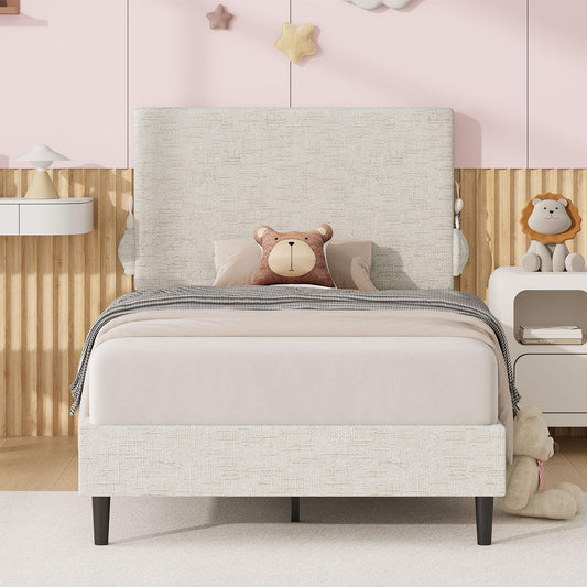 Twin Bed Frame with Headboard, Chenille Fabric Upholstered Platform Bed with Strong Wooden Slats, Kids Twin Bed Frame, No Box Spring Needed, Noise Free, Easy Assembly, White