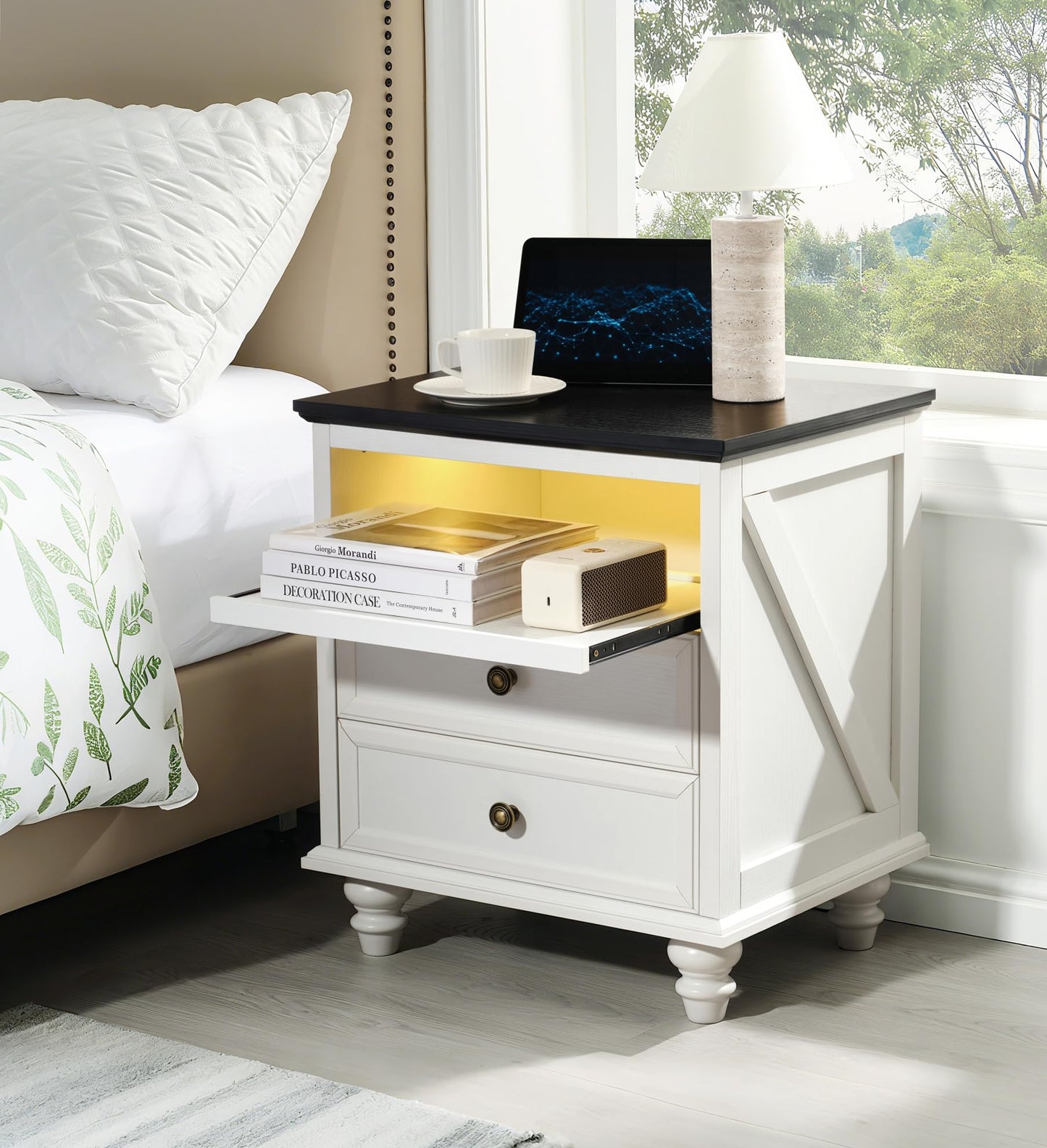 21" Farmhouse Nightstand with Charging Station,Classic American Style Bedside Table with 2 Drawers Storage,Pull-Out Tray,3-color LED lighting,End Table for Bedroom or Living Room,Bedside Cabinet,White