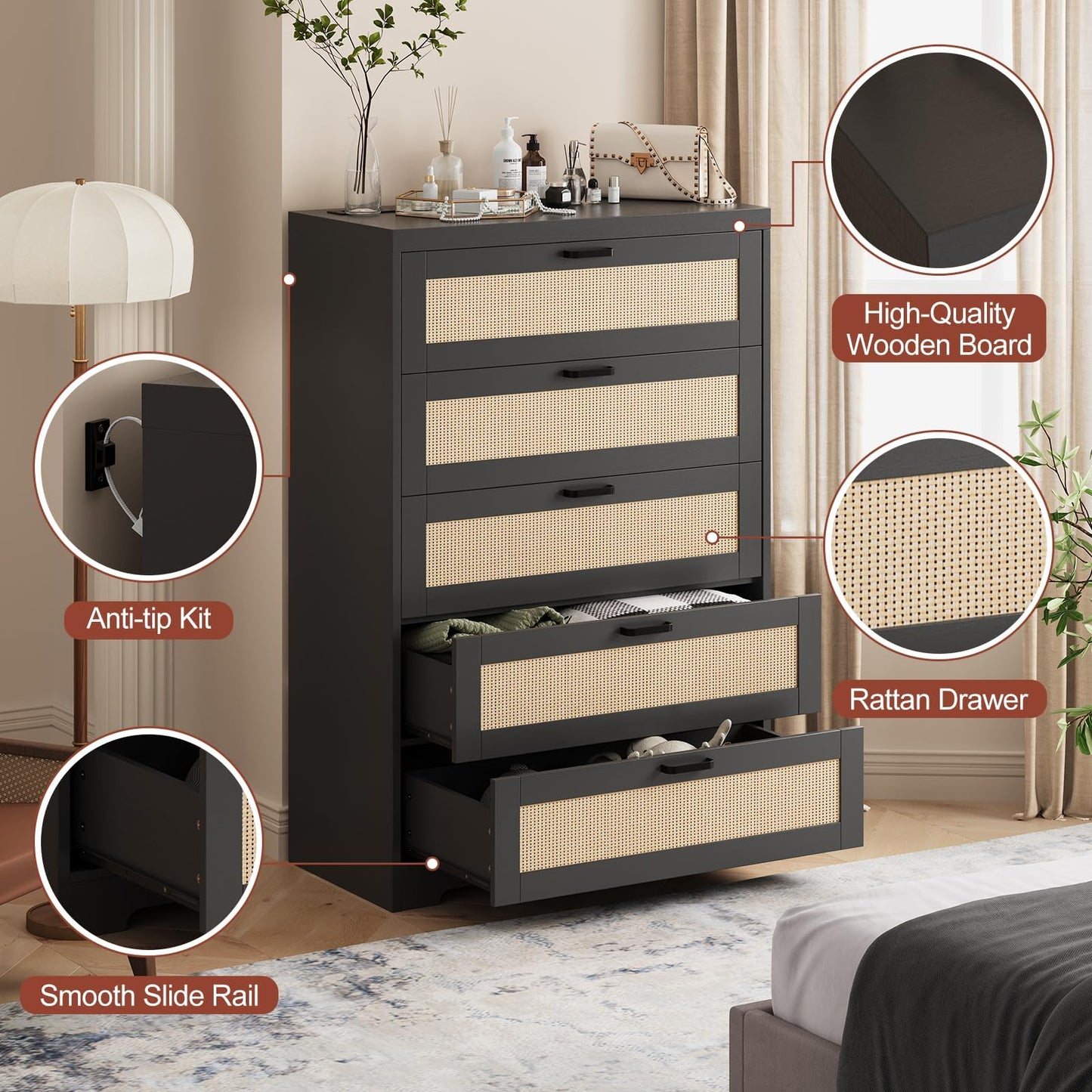 5 Drawer Dresser for Bedroom Wooden Spacious Storage Chest of Drawers with Wide Top Rattan Chest of Dressers Modern Wood Tall Dresser with Metal Handle for Living Room Closet Hallway Entryway