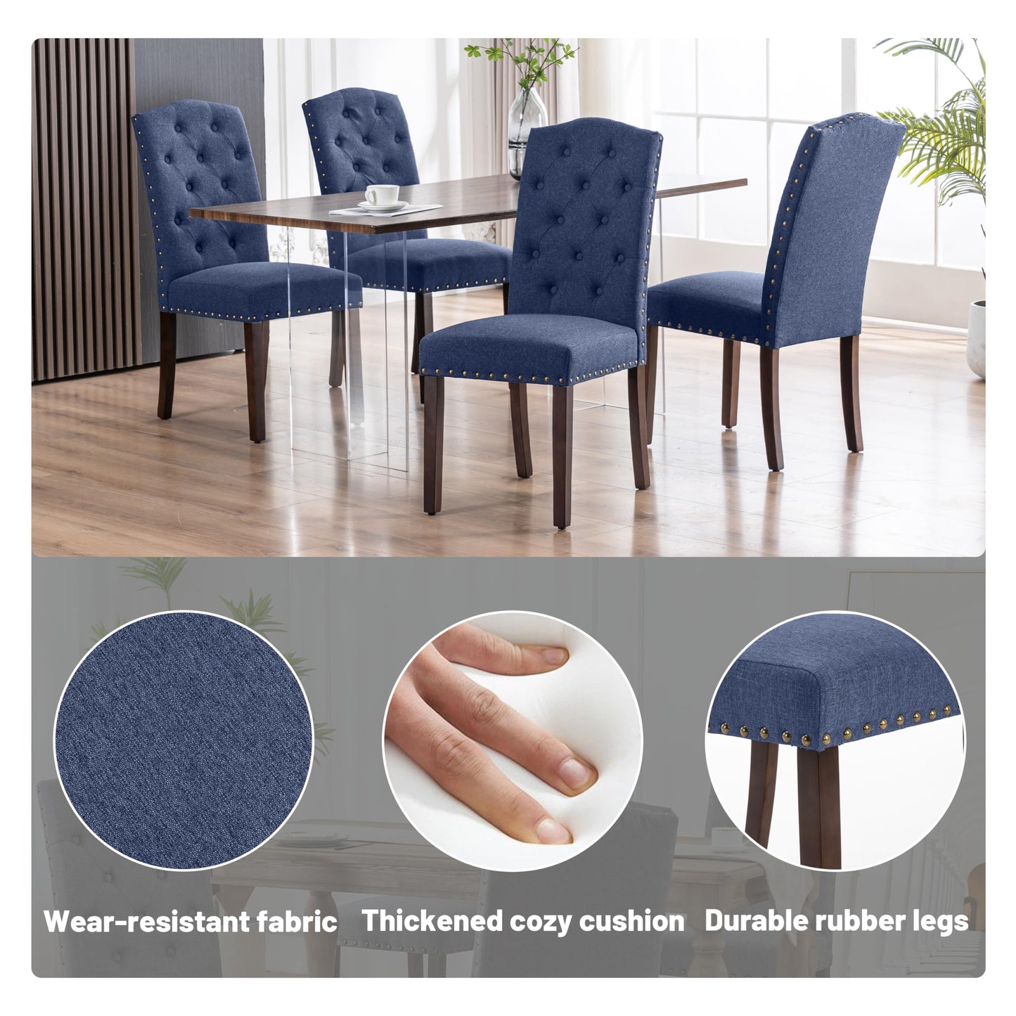 VKNOW Button Tufted Dining Chairs Set of 4, High Back Dining Room Chairs with Wood Legs, Upholstered Fabric Side Kitchen Chairs for Kitchen Dining Room, Navy Blue