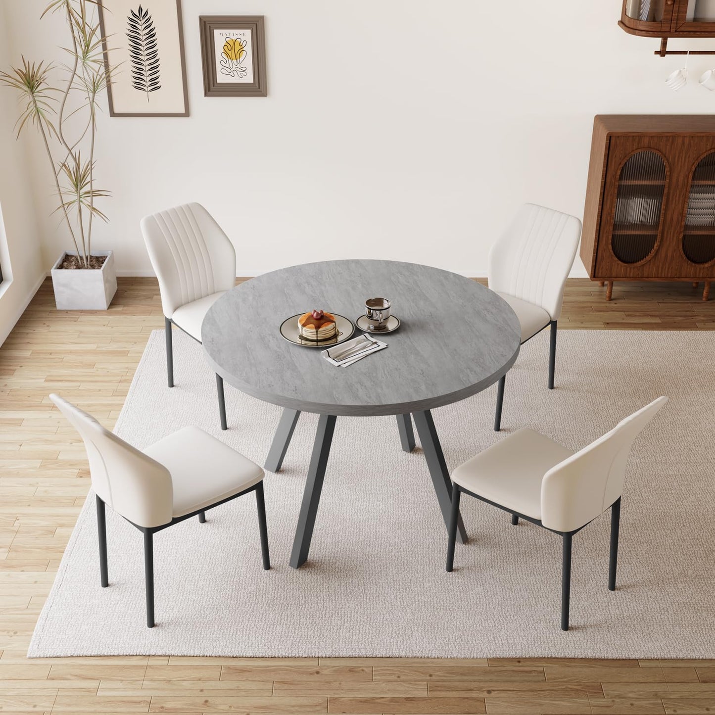 Zerifevni 34.6'' Round Dining Table and Chairs for 4, Mid Century Modern Round Table Set, Space Saving for Apartment Kitchen Dining Room (Grey Table+4 White Chairs)