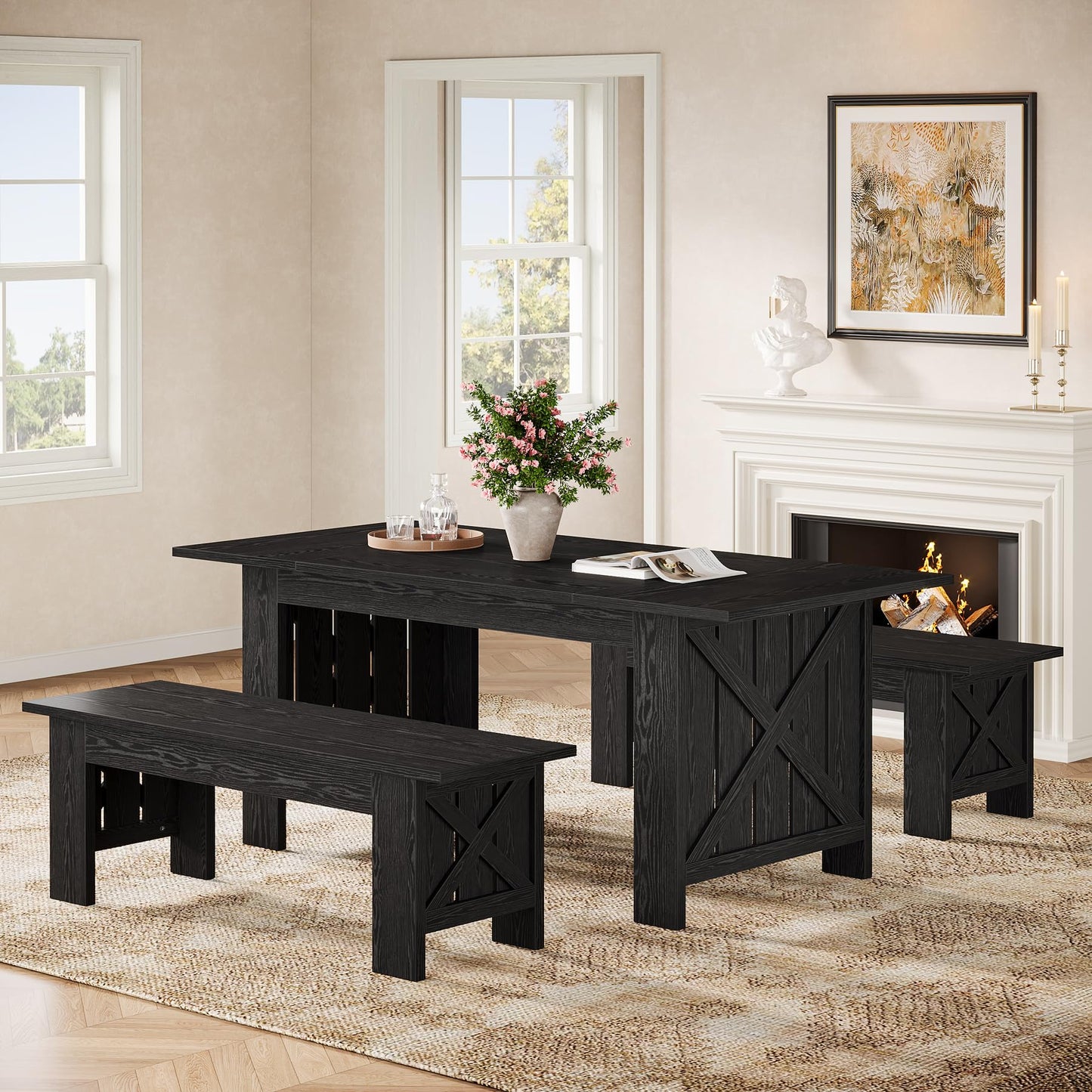 Tribesigns Farmhouse Dining Table Set for 4-6, 55-Inch Rectangle Kitchen Table with 2 Benches, 3-Piece Wooden Dinner Table for Dining Room, Kitchen, Small Space, Black