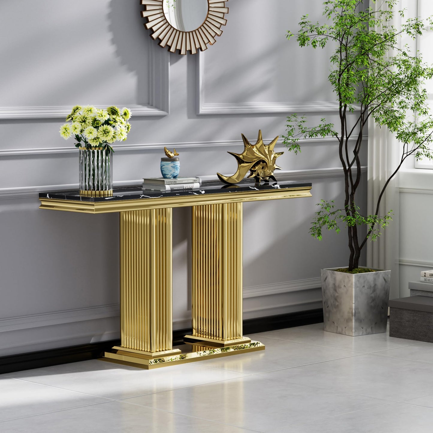 47" Rectangular Marble Console Table Luxury Black Faux Marble Entryway Table with Gold Column-Shape Stainless Steel Base Modern Narrow Sofa Hallway Tab for Living Room Entrance