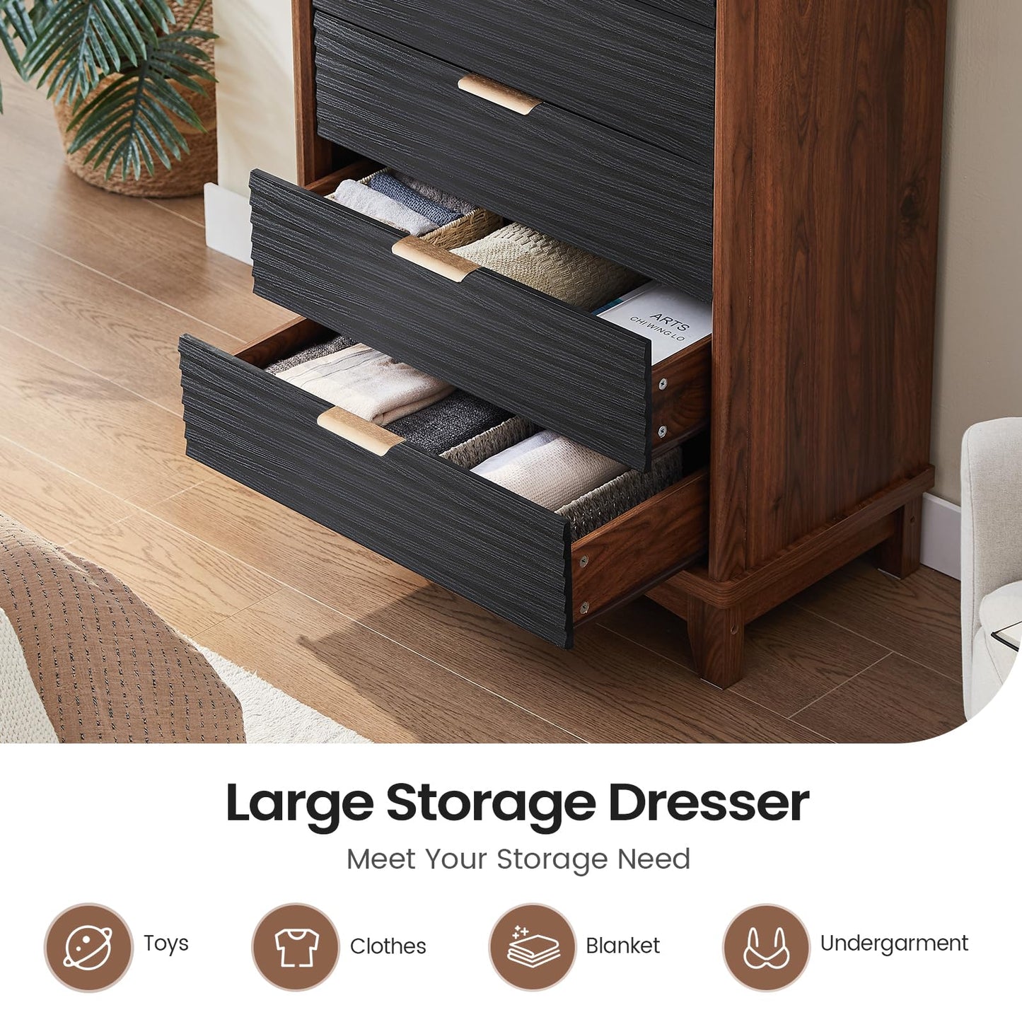 AOGLLATI Black Dresser for Bedroom with Slanted Louvre Design,Retro Chest of Drawers with Charging Station, Wooden Tall 5 Drawer Dresser for Bedroom,Living Room, Hallway, Black & Brown
