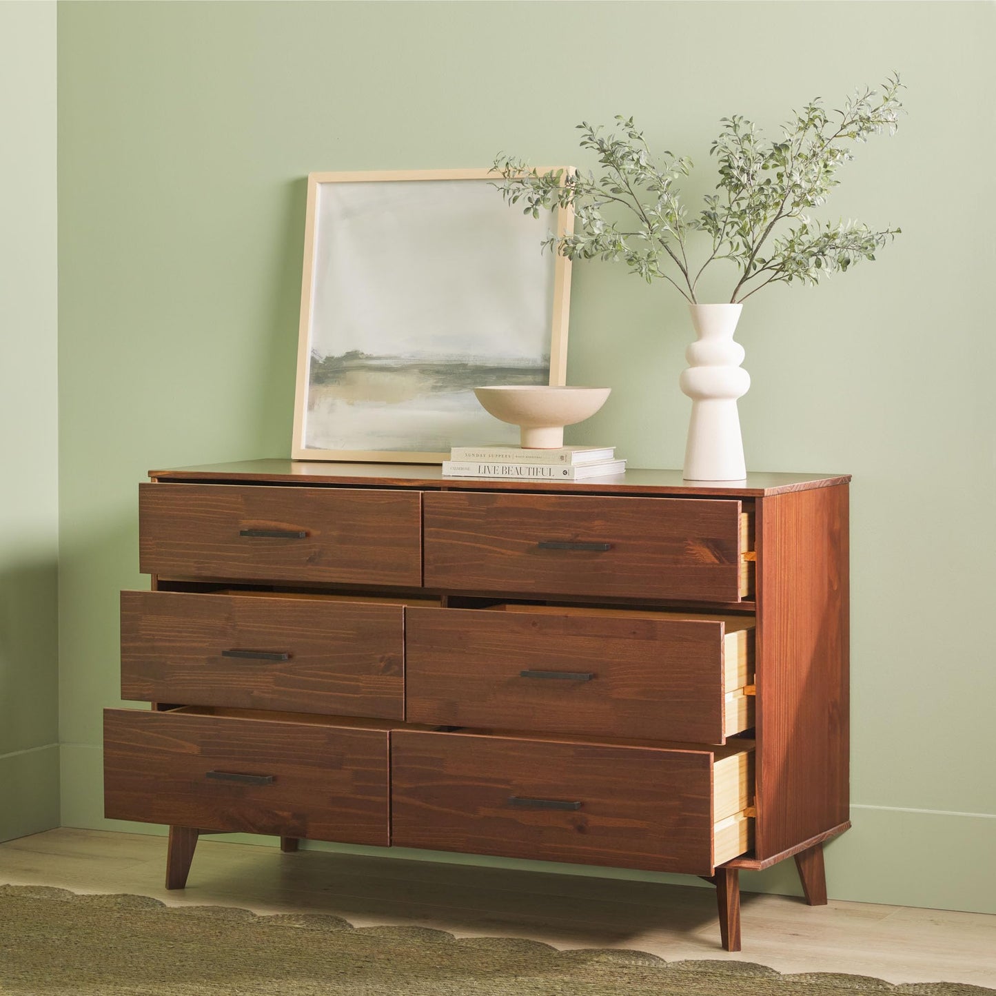 Walker Edison Sloane 6-Drawer Solid Wood Dresser with Metal Handles, 52 Inch, Walnut
