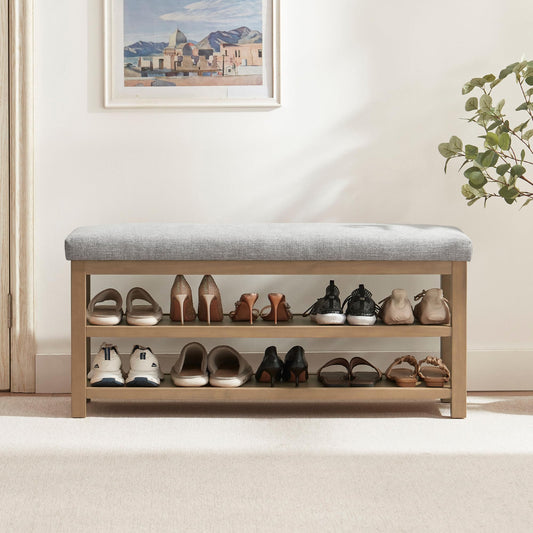 Zihanhome 2 Tier Shoe Rack Bench with Cushion, Solid Wood Shoe Benches, Mid-Century Modern Shoe Storage Bench for Entryway, Hallway, Living Room, Closet, Front Door Entrance, (Grey, 46.5")