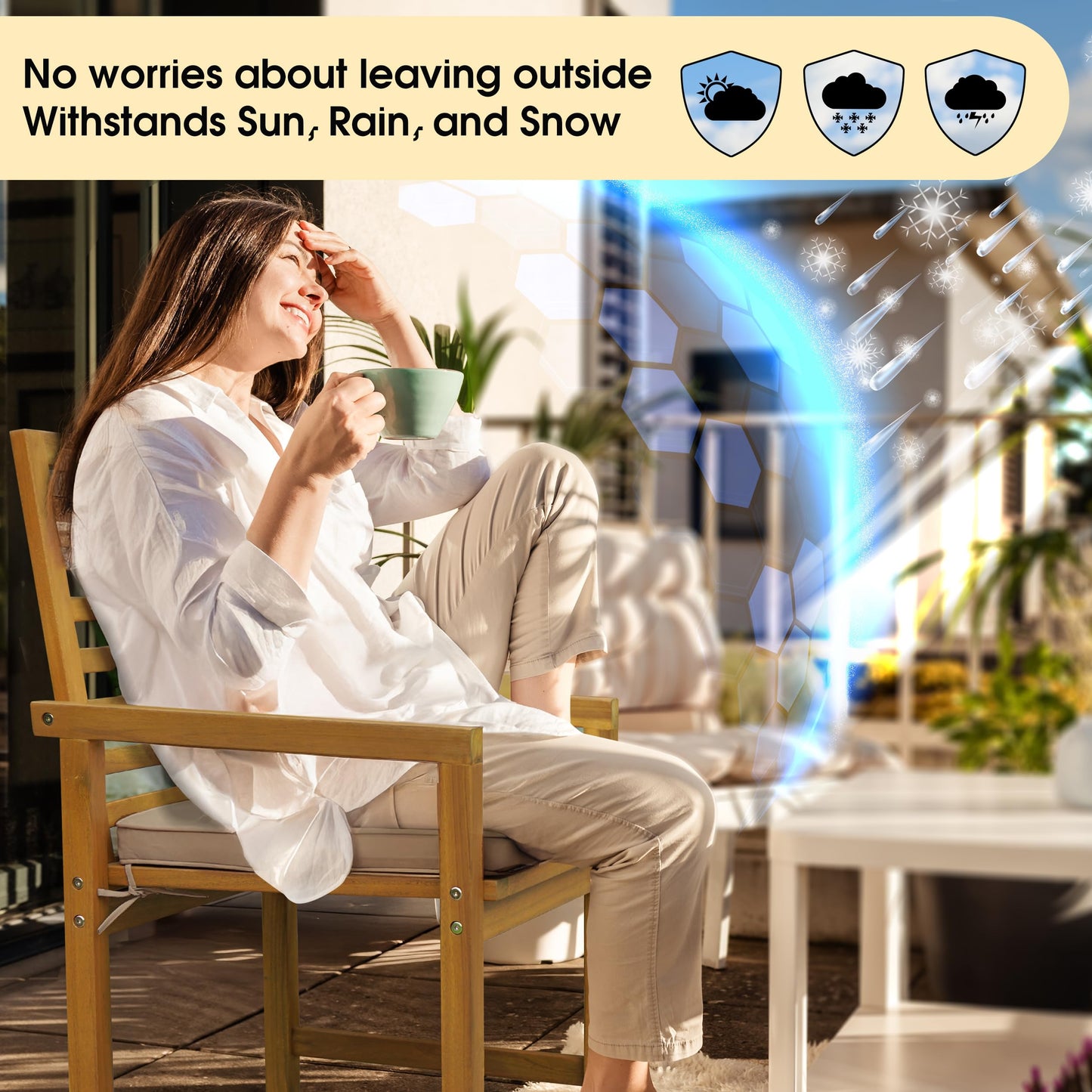 Tranquillo Solara Acacia Wood Outdoor Chairs Set of 2 with Cushions – Heavy-Duty 500lbs Capacity, Weather-Resistant Wooden Patio Armchairs, Solid Wood Garden & Deck Chairs for Outdoor Seating