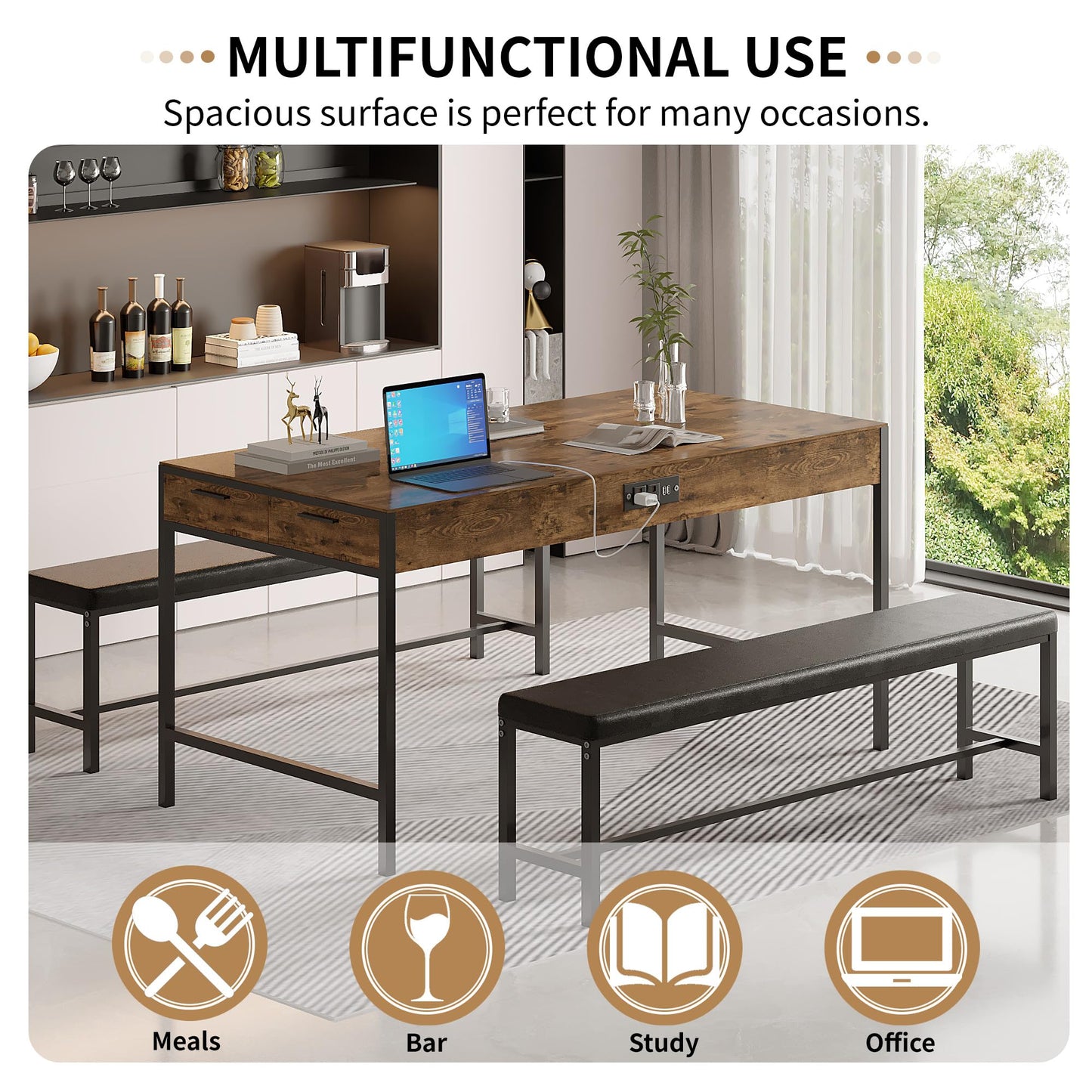 VECELO 65" Dining Table Set for 4-6, 3-Piece Kitchen Set with 2 Utensil Drawers, 2 Benches & Wine Rack, Space Saving & Heavy Duty, with Metal Frame & MDF Board, Rustic Brown