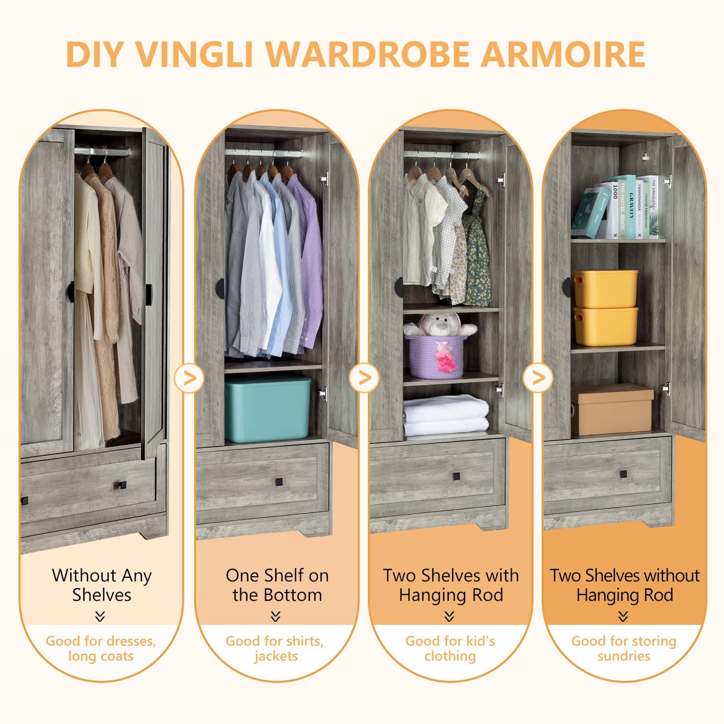 VINGLI Wide Armoire Wardrobe Closet with Hanging Rod, Adjustable Shelves and Drawer, Freestanding Wardrobe Closet with Doors, Bedroom Armoires and Wardrobes, Rustic Grey