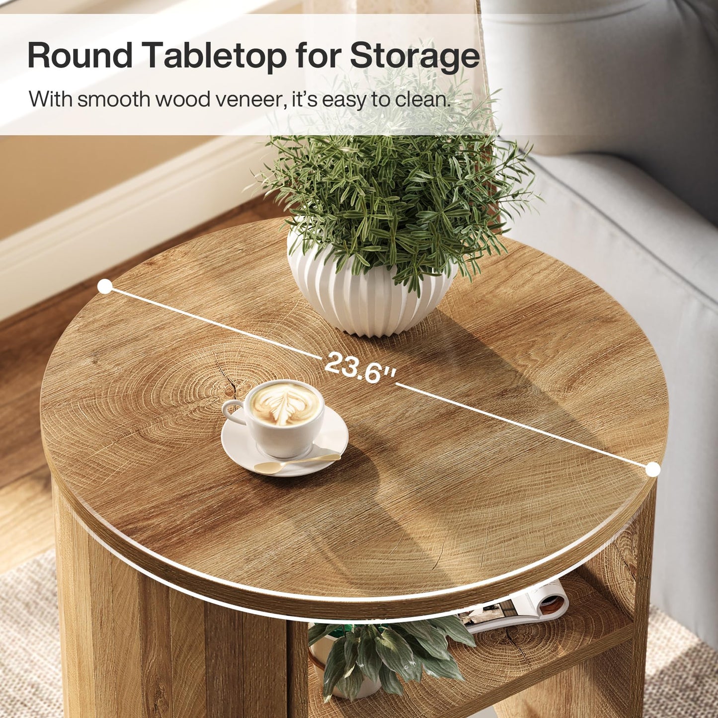 Tribesigns Round End Table Set of 2: 3-Tier Side Table with Storage Shelf, 23.6" Diameter Modern Nightstand or Bedside Stand, Small Sofa Accent Furniture for Living Room, Bedroom, Natural (2PC)