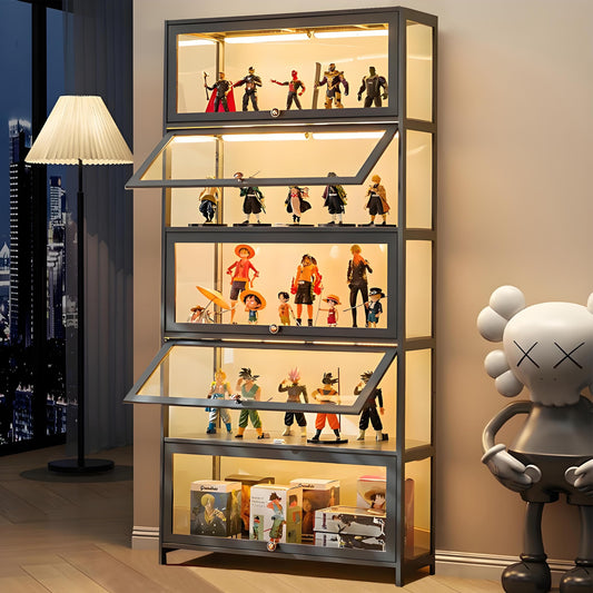 5-Tier Display Cabinet, Transparent Display Case with Acrylic Glass Door, Bamboo Curio Cabinet for Collectibles, Display Shelf & Kids Bookcase for Playroom, Bedroom, Living Room, Office