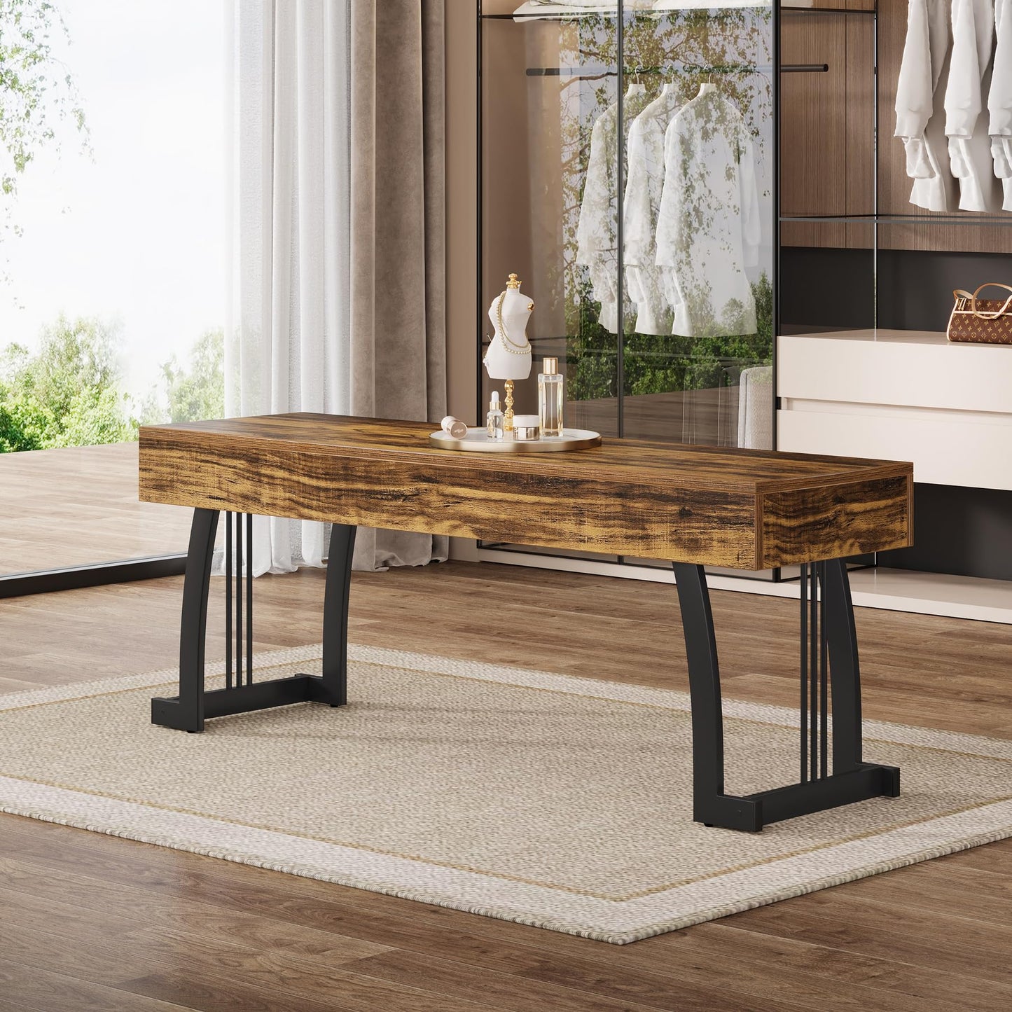 Tribesigns Wooden Entryway Bench, 47.24" Rustic Indoor End of Bed Bench with Sturdy Metal Legs, Long Dining Seat for Dining Room, Bedroom, Entry, Mudroom