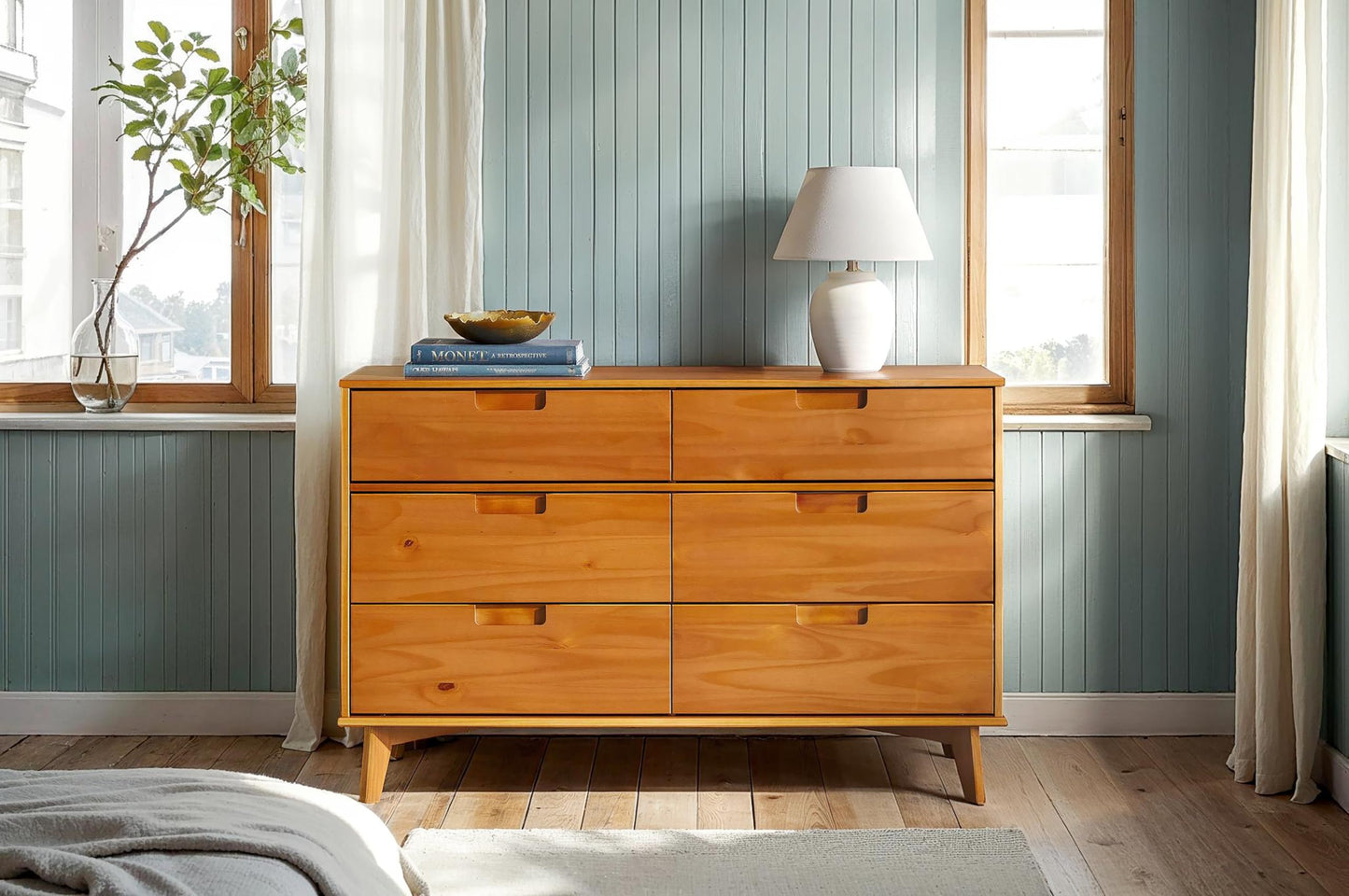 Walker Edison Sloane 6-Drawer Groove Handle Solid Wood Dresser, 52 Inch, Caramel