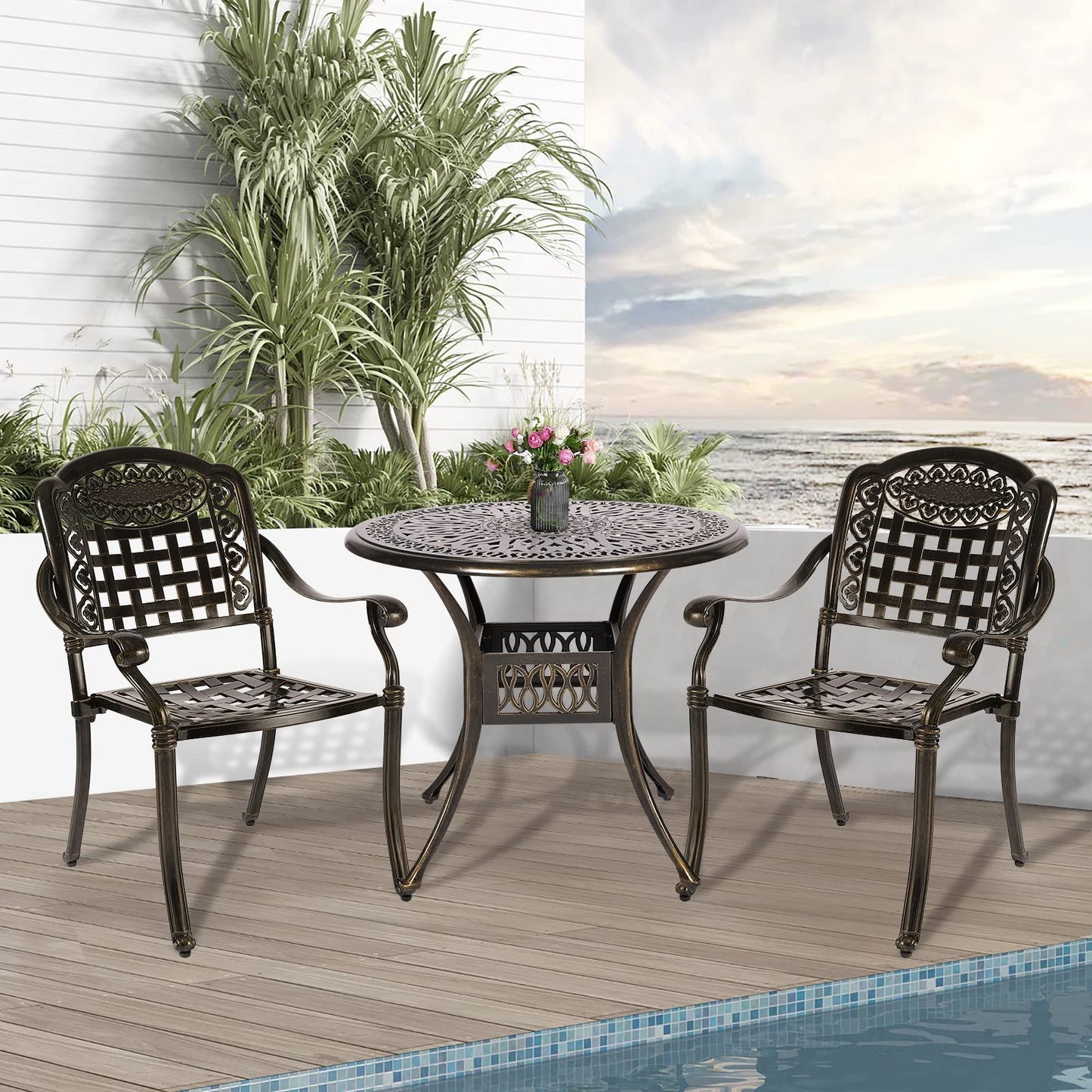 W WARMHOL 3-Piece Outdoor Patio Dining Set, All-Weather Cast Aluminum Patio Furniture Set for Backyard Garden Deck with 2 Chairs and 35.4” Round Table, 2" Umbrella Hole