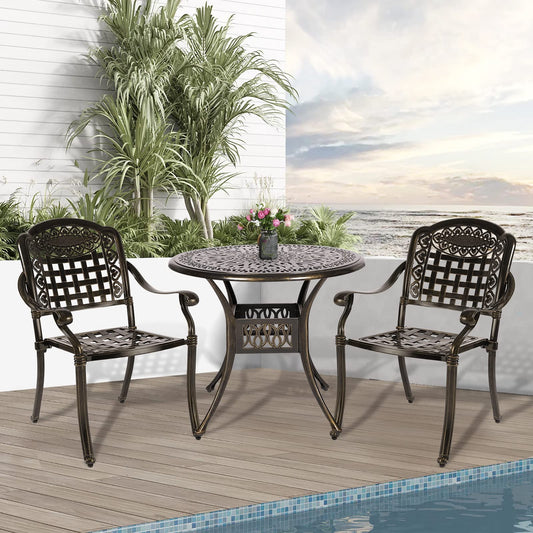 W WARMHOL 3-Piece Outdoor Patio Dining Set, All-Weather Cast Aluminum Patio Furniture Set for Backyard Garden Deck with 2 Chairs and 35.4” Round Table, 2" Umbrella Hole