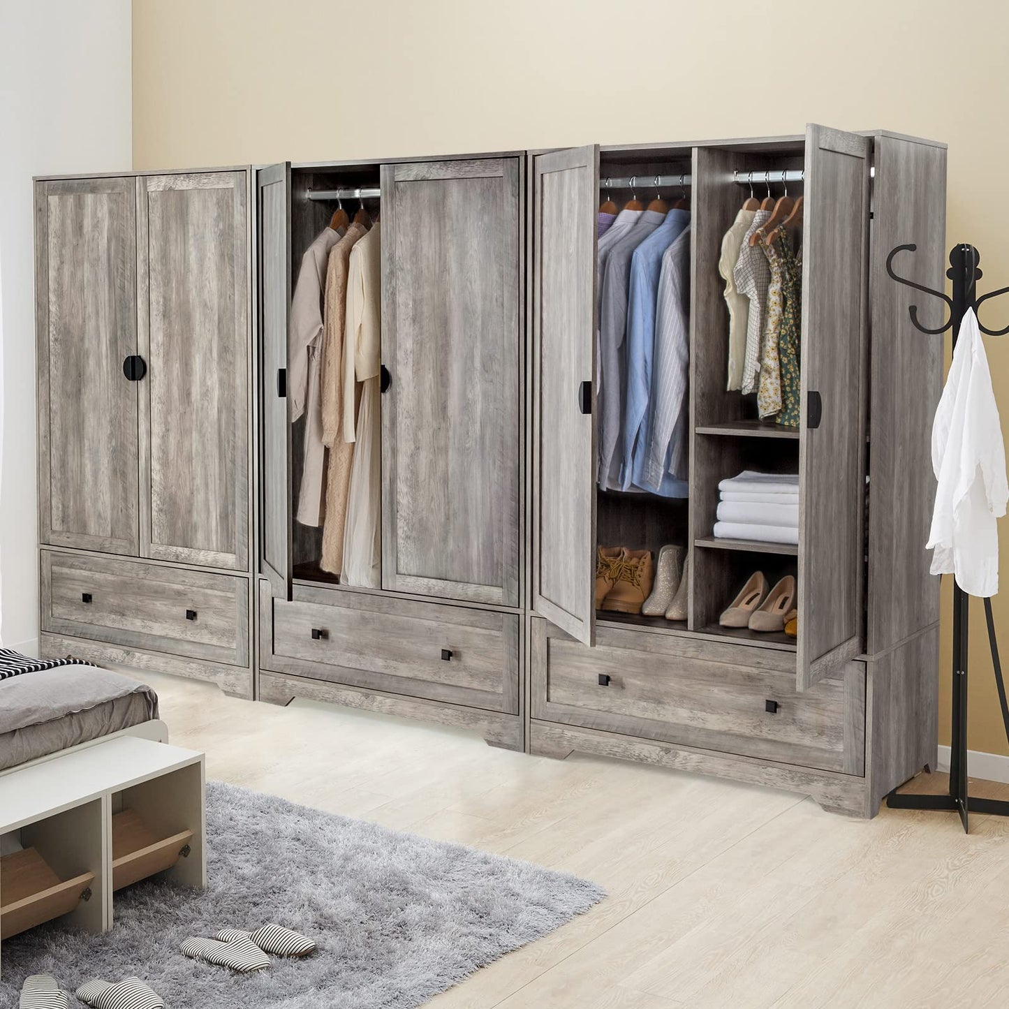 VINGLI Wide Armoire Wardrobe Closet with Hanging Rod, Adjustable Shelves and Drawer, Freestanding Wardrobe Closet with Doors, Bedroom Armoires and Wardrobes, Rustic Grey