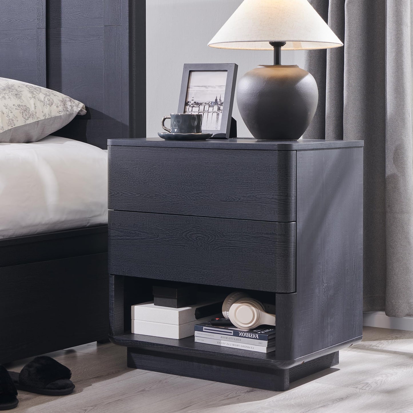 ACCOHOHO Nightstand with Charging Station, 22" Push-to-Open Bedside Table with 2 Storage Drawers, Large Modern End Table for Bedroom,Black