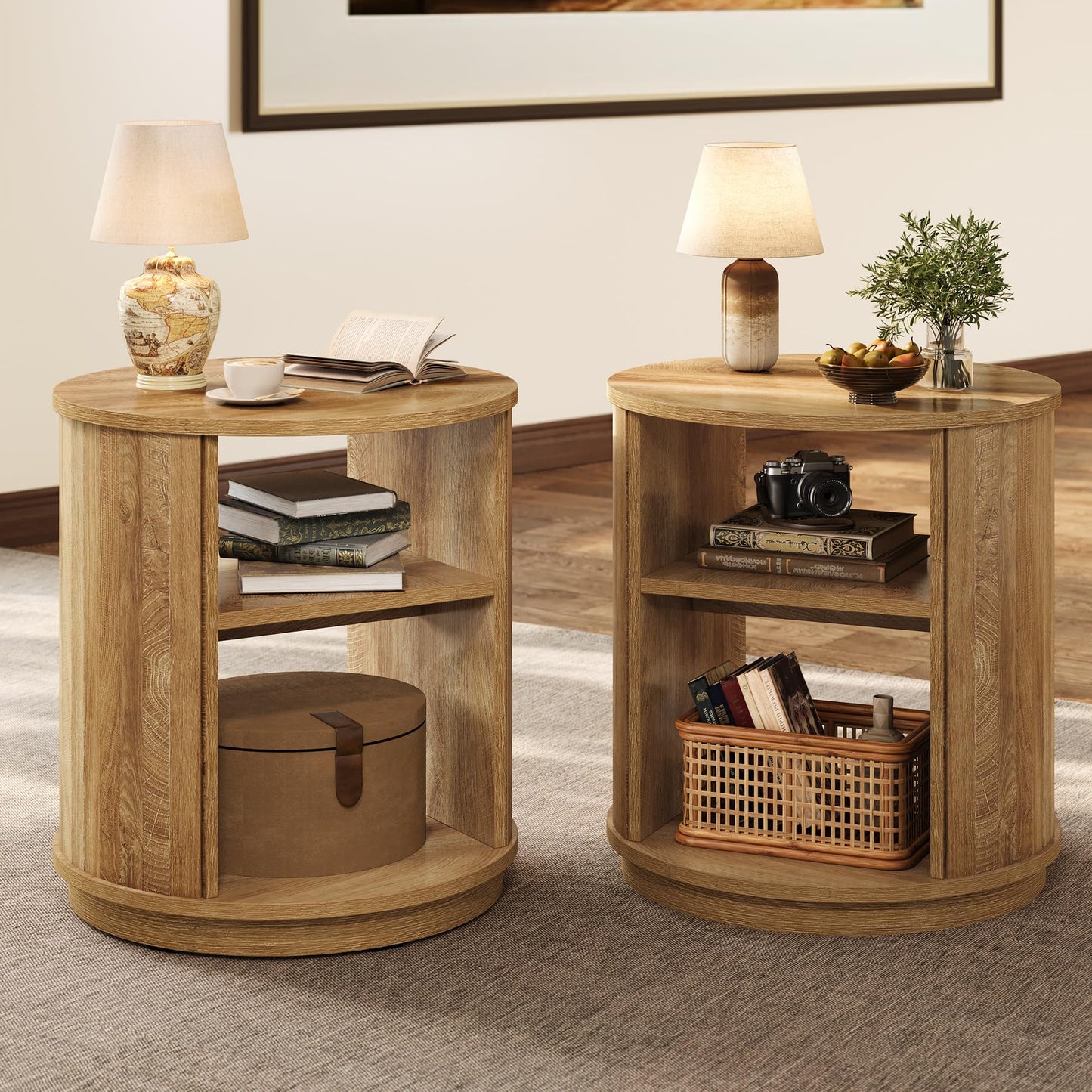 Tribesigns Round End Table Set of 2: 3-Tier Side Table with Storage Shelf, 23.6" Diameter Modern Nightstand or Bedside Stand, Small Sofa Accent Furniture for Living Room, Bedroom, Natural (2PC)