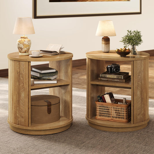 Tribesigns Round End Table Set of 2: 3-Tier Side Table with Storage Shelf, 23.6" Diameter Modern Nightstand or Bedside Stand, Small Sofa Accent Furniture for Living Room, Bedroom, Natural (2PC)
