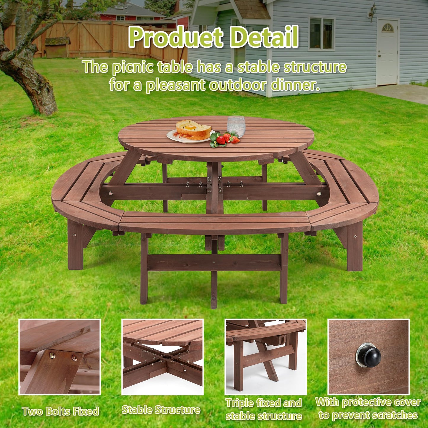 RocVanc 8-12 Person Outdoor Round Wooden Picnic Table with 8 Built-in Benches, Umbrella Hole, Lifetime Outside Table and Bench Set for Garden, Backyard, Porch, Patio and Deck