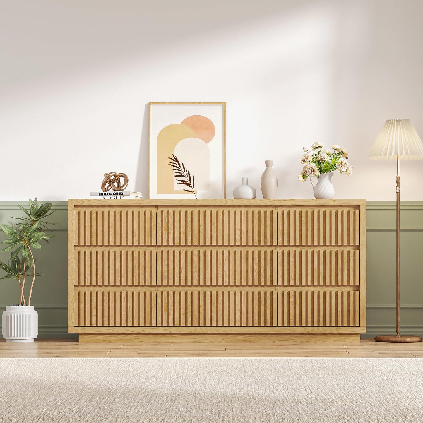 Jluomei Long Dresser for Bedroom with 9 Drawers, 58" Wide Modern Chest of Drawers, Large Wood Dresser TV Stand, Boho Fluted Closet Clothes Storage Organizer for Living Room, Natural Oak