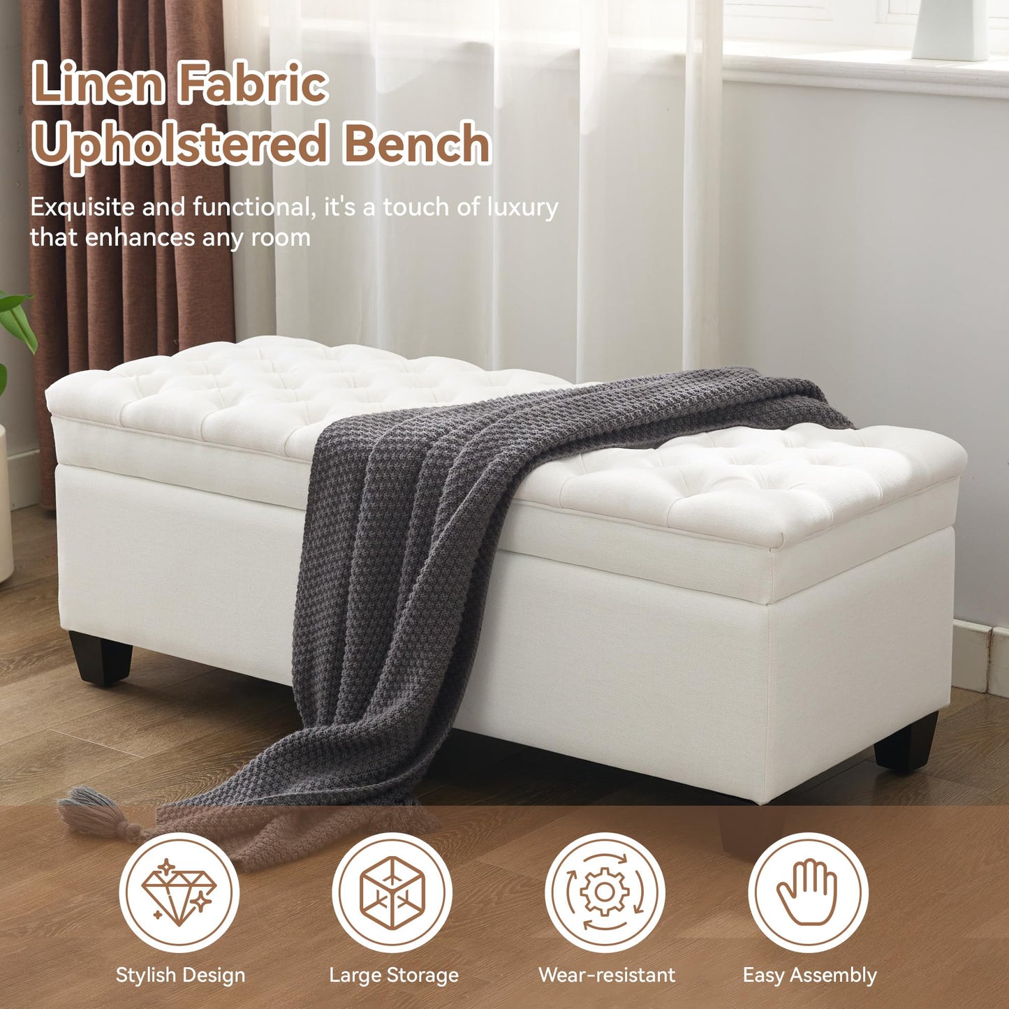 WUTUTUEE 51" Fabric Storage Ottoman Bench, Upholstered Rectangle End of Bed Storage Ottoman Tufted Living Room Bedroom Bench with Safety Hinge, Solid Wood Legs, Loads 500 lb(Beige)