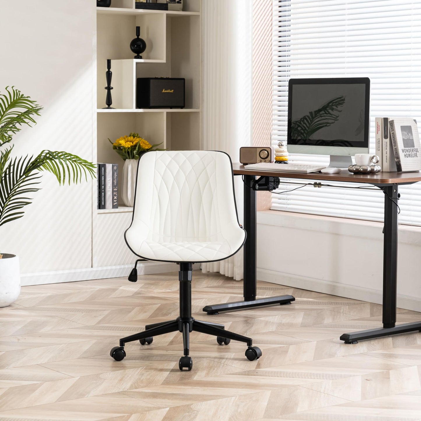 YOUNIKE White Ergonomic Home Office Desk Chair No Arms Comfy Small Criss Cross Chair with Wheels Swivel Adjustable Modern Vanity Chair with Back Armless Cute Leather Upholstered Rolling Task Chair