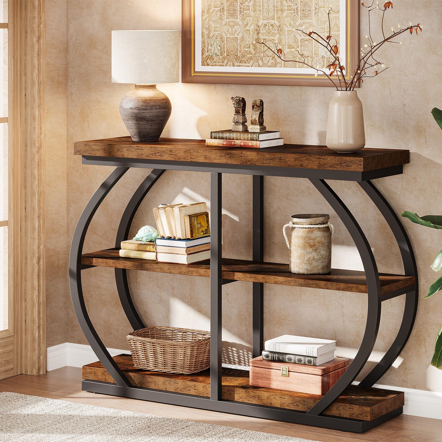 Tribesigns 41.3" Console Table, Industrial 3-Tier Entryway Table with Arched Metal Frame and Storage Shelves for Living Room, Hallway, Rustic Brown