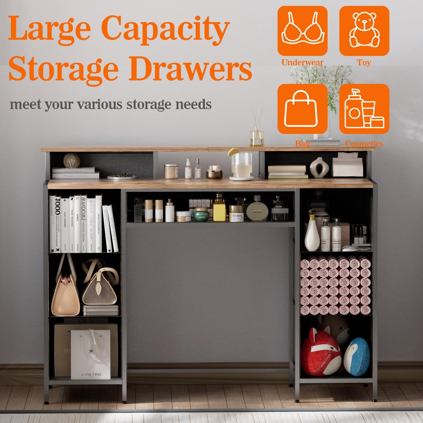 VASICAR Dresser for Bedroom with 9 Drawers & 2 Open Shelves, Fabric Storage Cabinet, Chest of Drawers, Long Dresser for Closet, Wooden Top & Metal Frame, Pattern