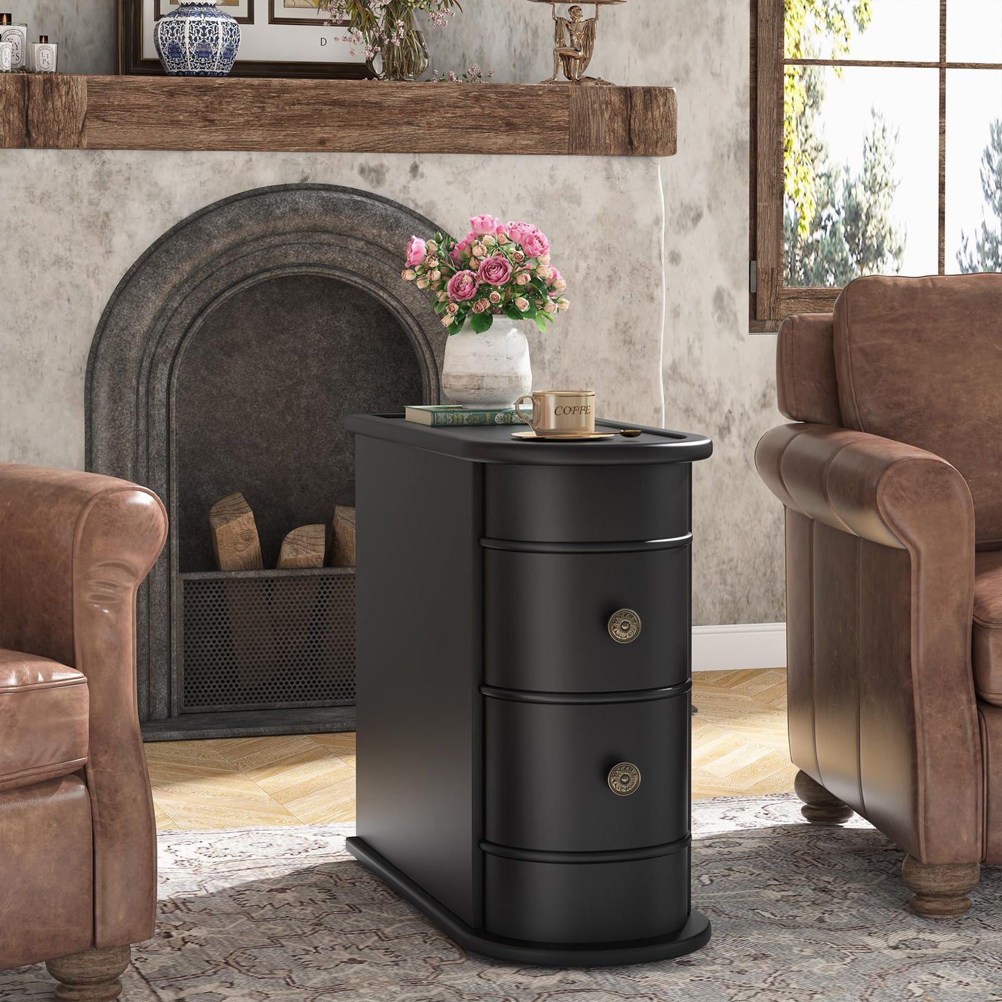 Tribesigns Wood End Table Set of 2, Narrow Solid Side Table 2-Drawer Slim Chair Side Table, No Assembly Required, Finished Back, Black