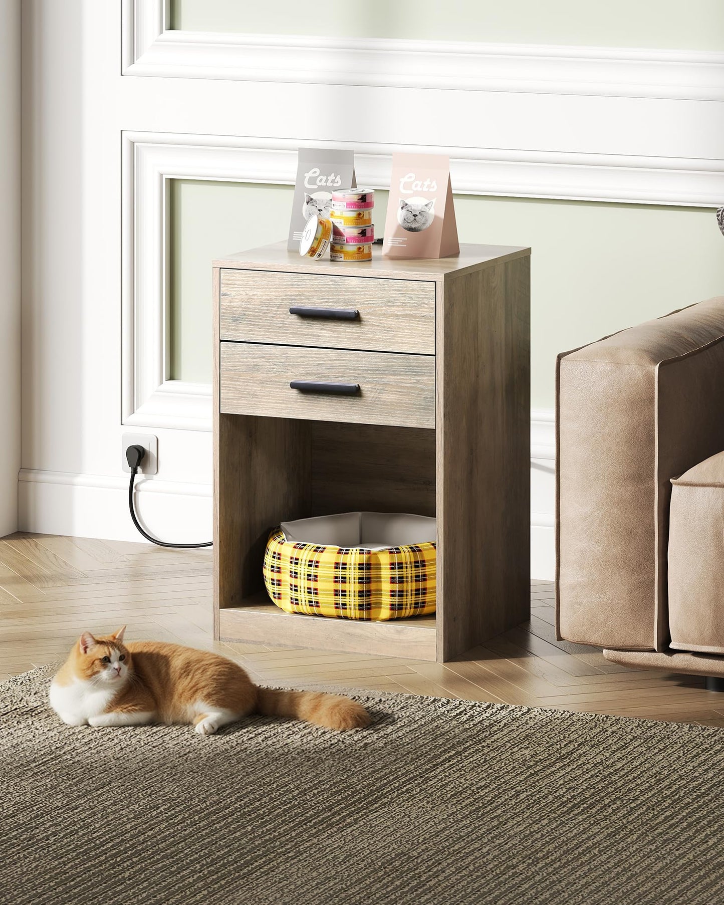 WLIVE Night Stand Set of 2 with Charging Station, Nightstands with Wood Drawers and Open Shelf, Bed Side Tables Living Room, Bedroom, Modern End Table Set 2, Greige