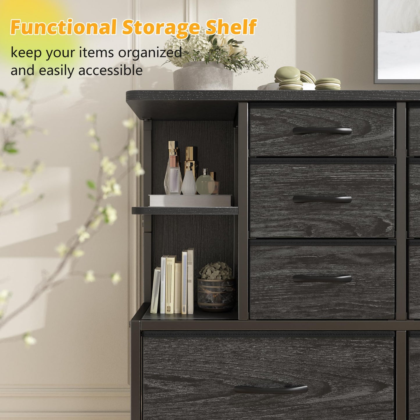 EnHomee Tall Dressers for Bedroom with LED Lights and 12 Drawers Dresser for Bedroom with Open Shelves, Fabric Dressers & Chests of Drawers, Metal Frame, Black, 45.2" H x 35.4" W x 11.8" D