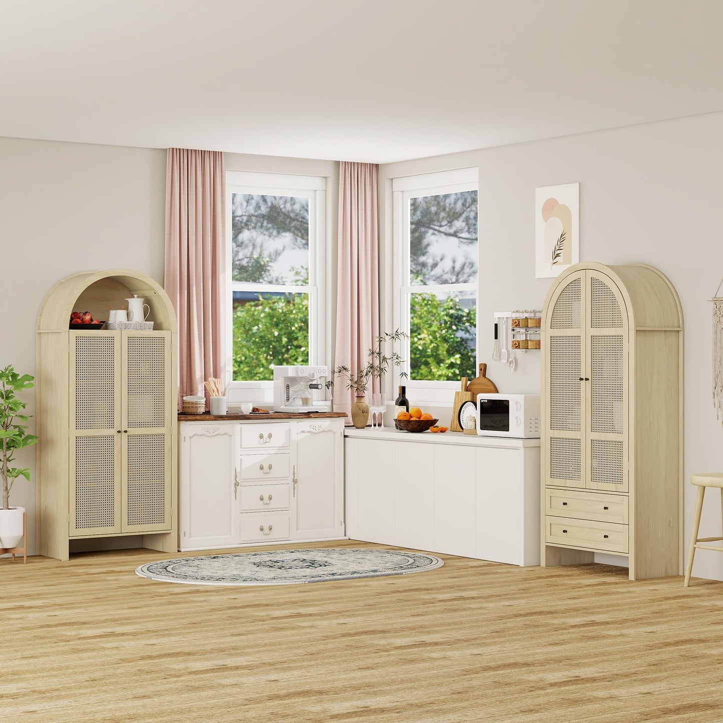 Woenei Arched Kitchen Pantry Cabinet, 71" Tall Arched Bookcase Rattan Storage Cabinet with Doors and Drawers Adjustable Shelves,Farmhouse Freestanding Cupboard for Bathroom,Living Room,Dining Room