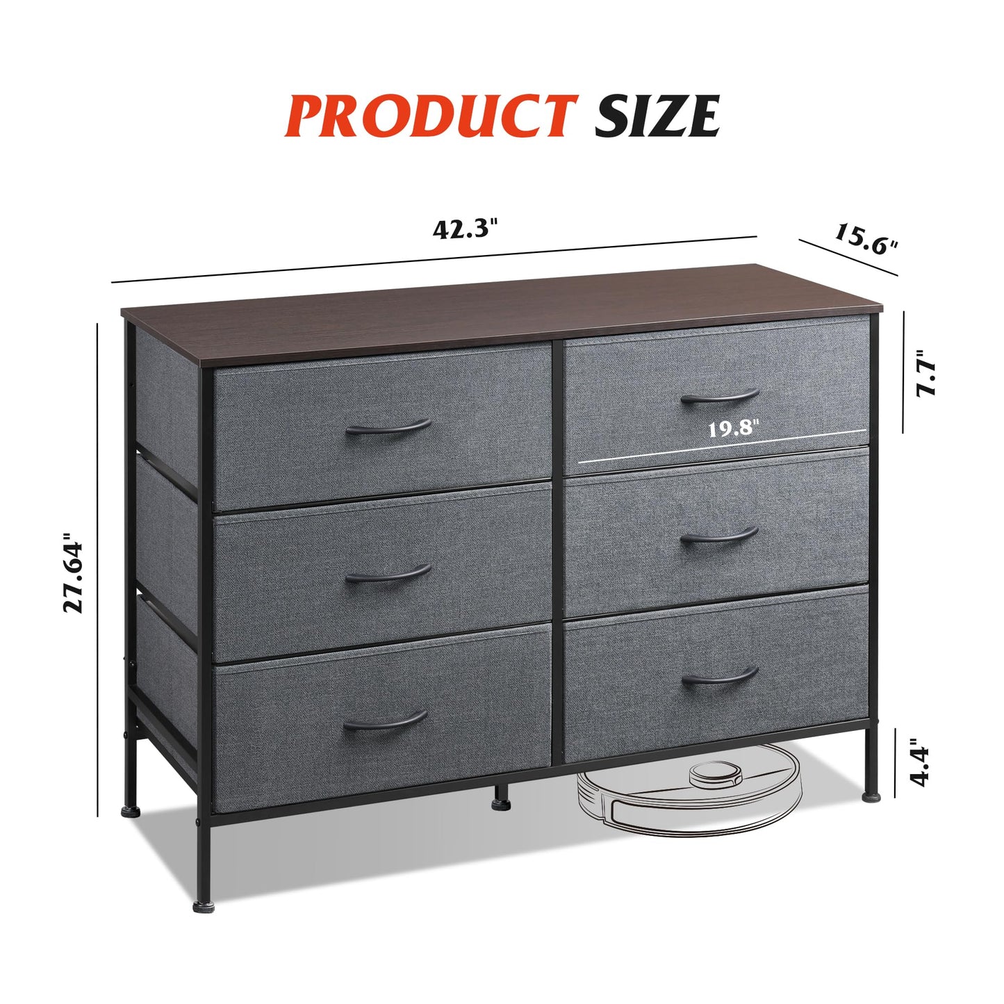 WLIVE Dresser for Bedroom with 6 Drawers, Wide Fabric Dresser TV Stand for 50 Inches TV with Metal Frame, Wooden Top, Fabric Storage Organizer for Livingroom, Hallway, Dark Gray