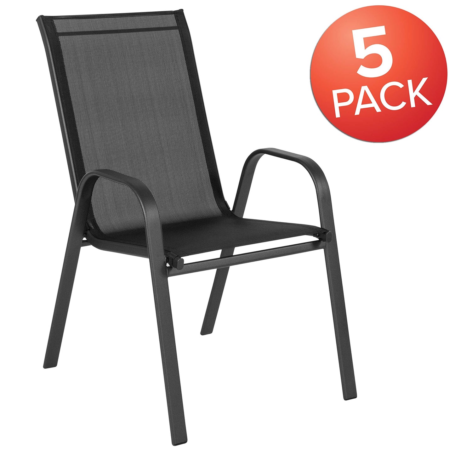 EMMA + OLIVER 5 Pack Black Outdoor Stack Chair with Flex Comfort Material and Metal Frame