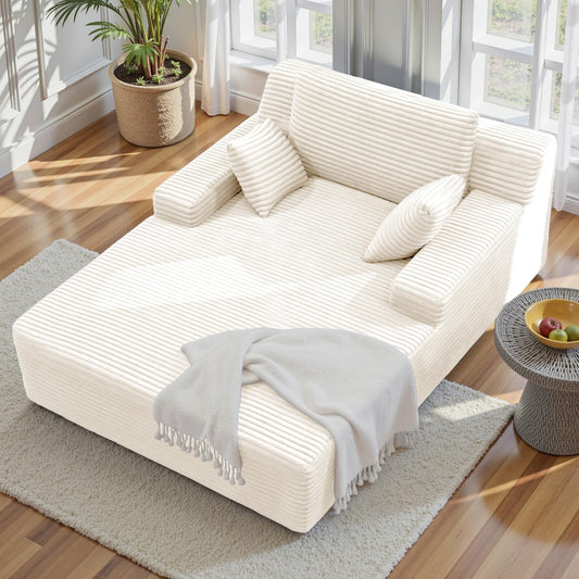51'' Oversized Chaise Lounge Chair Indoor, Non-Assembly Deep Seat Sofa Bed Corduroy Sleeper Cloud Couch with 2pcs Pillows for Reading Living Room-Beige