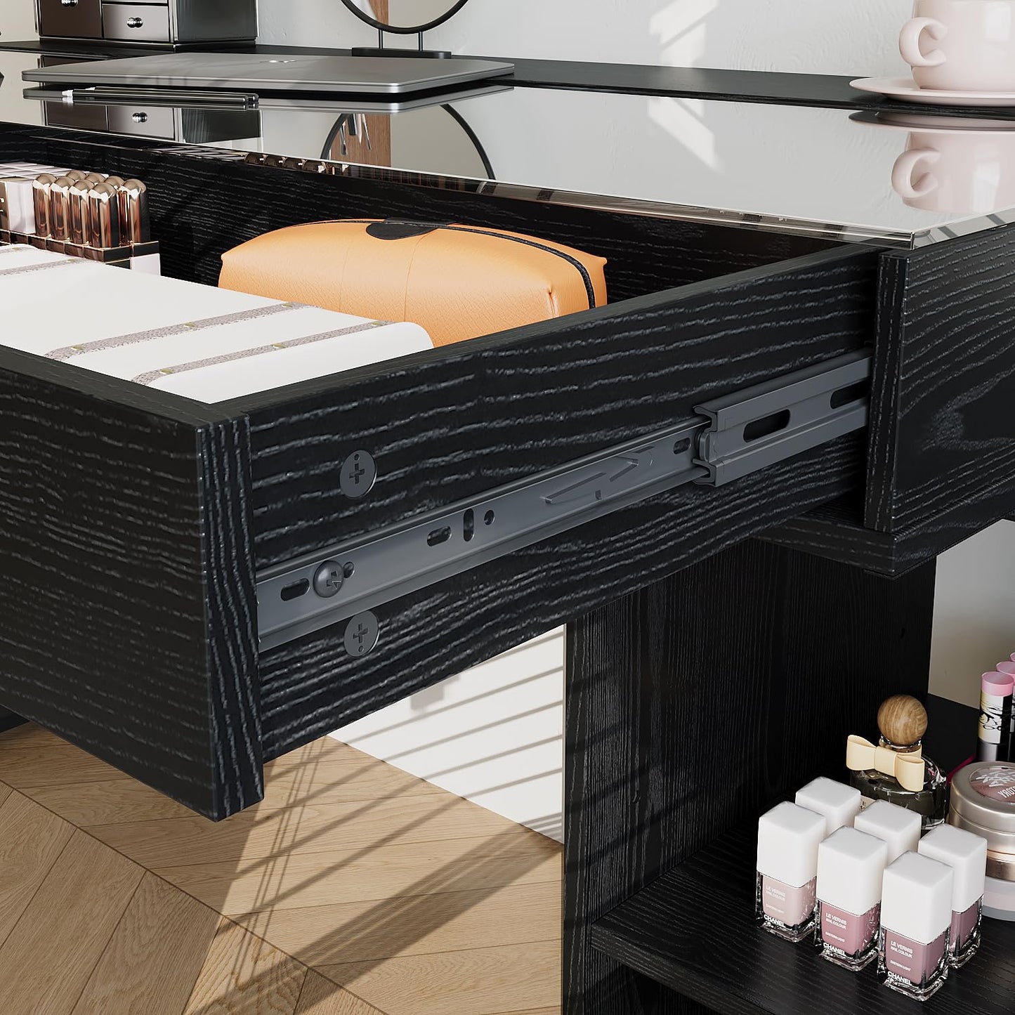 WOODTIME L-Shaped Makeup Vanity Desk with Glass Desktop & Cabinet, Corner Dressing Table with 5 Drawers & Shelves, Black Wood Grain