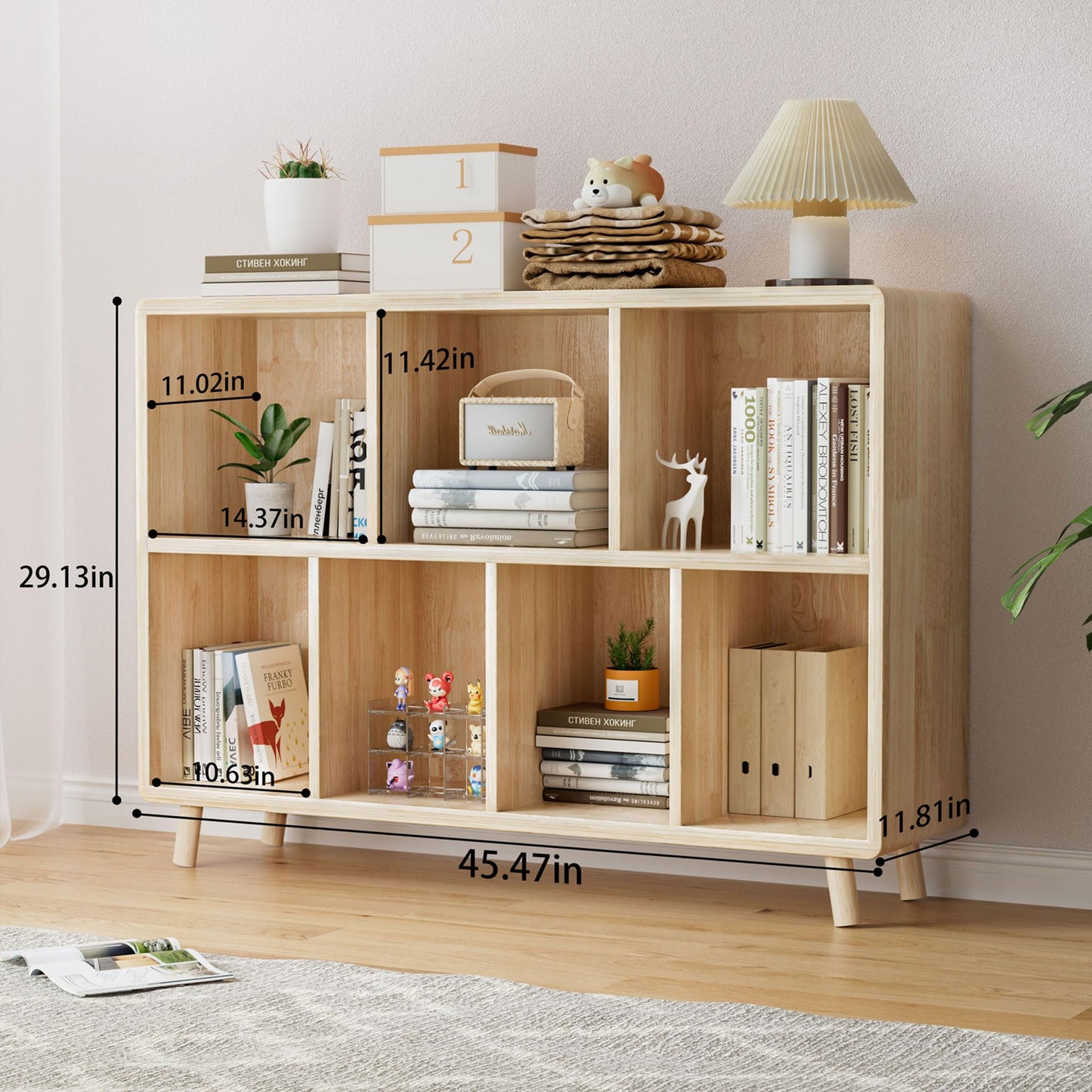 YZU 2-Tier Open Cubes Bookshelf with Legs,7 Cube Storage Organizer, Floor Standing Office Bookcase, Wooden Boho Book Shelves for Furniture, Cubby Storage Organizer for Living Room/Bedroom