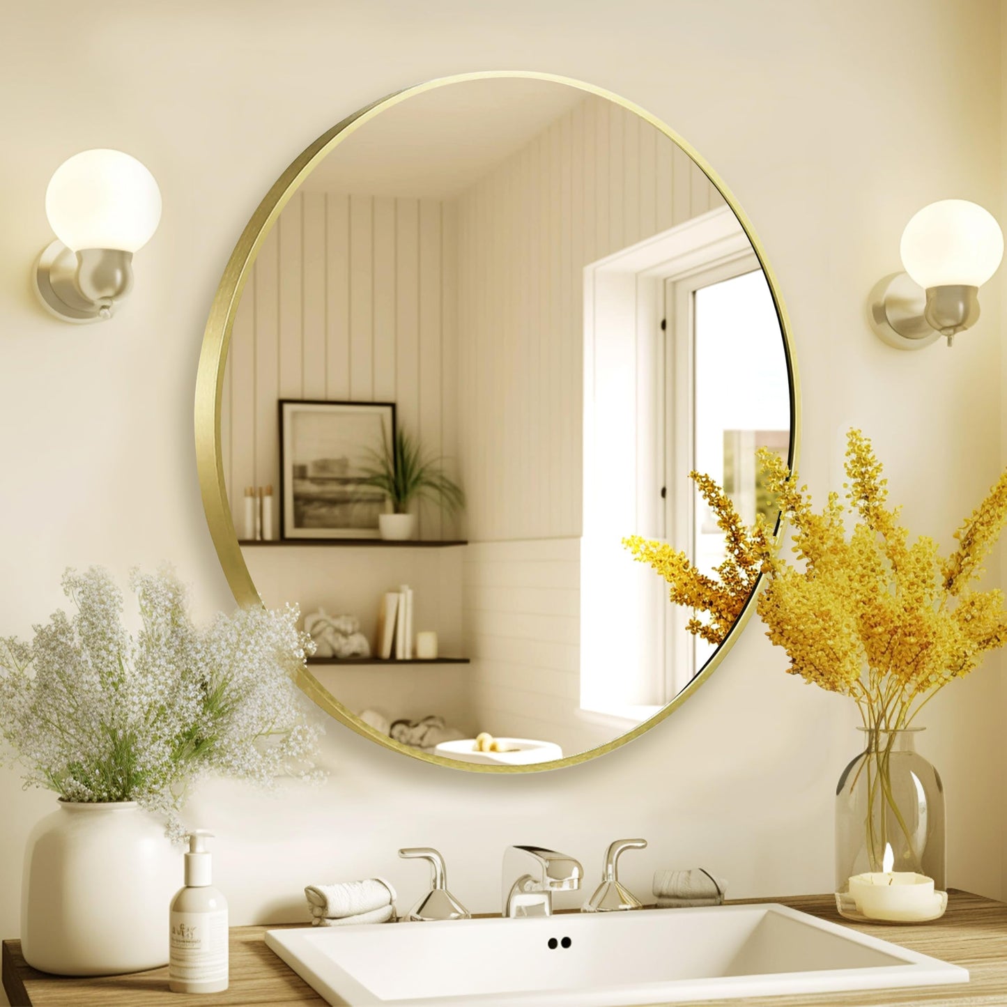 Umzodo Gold Round Mirror 30 inch, Matte Gold Bathroom Mirror for Vanity, Brushed Metal Framed Circular Wall Mirror for Living Room, Hallway, Entryway