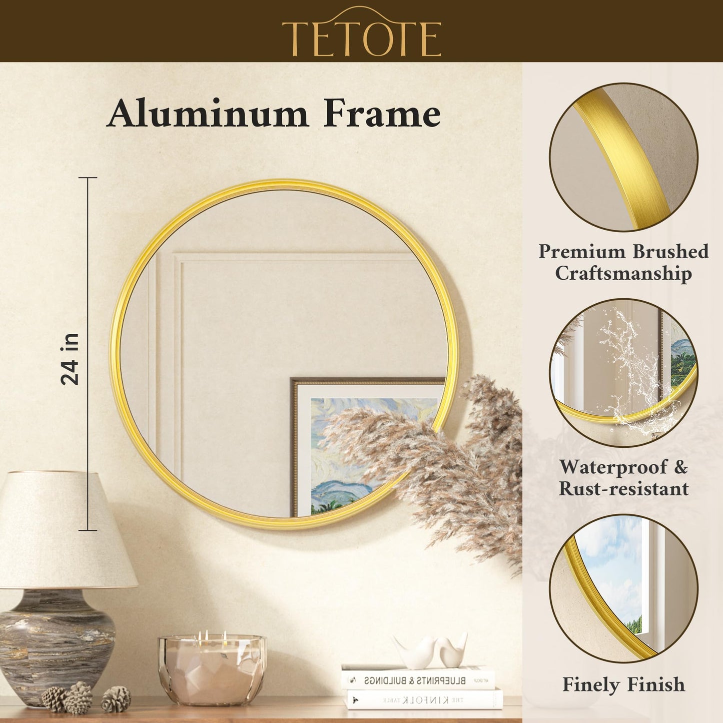 TETOTE Round Mirror 24 inch Brushed Gold Circle Mirror Metal Frame for Bathroom Vanity, Living Room, Bedroom, Vanity, Entryway