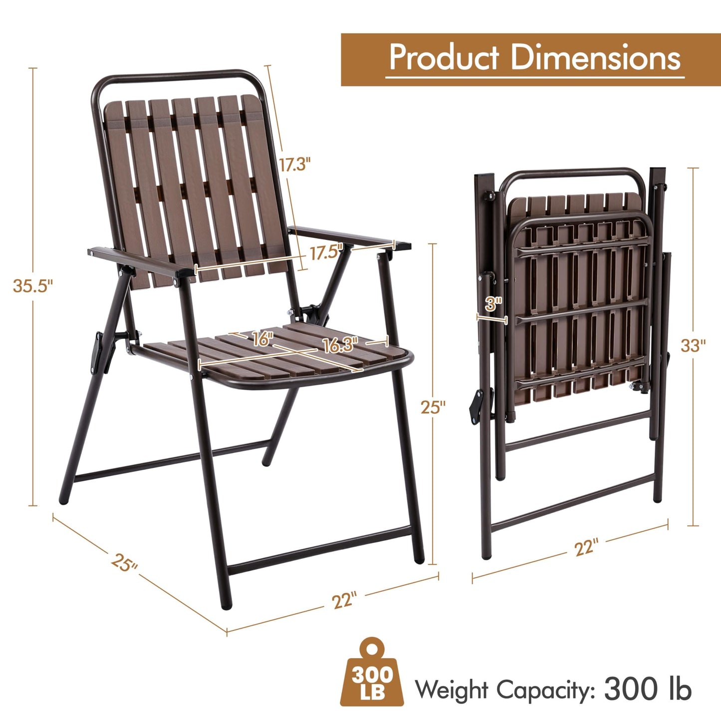 Yaheetech Folding Patio Chair Set of 4, Outdoor Dining Chair with Armrests, Plastic Patio Chair for Porch, Deck, Garden, Backyard, No Assembly Espresso