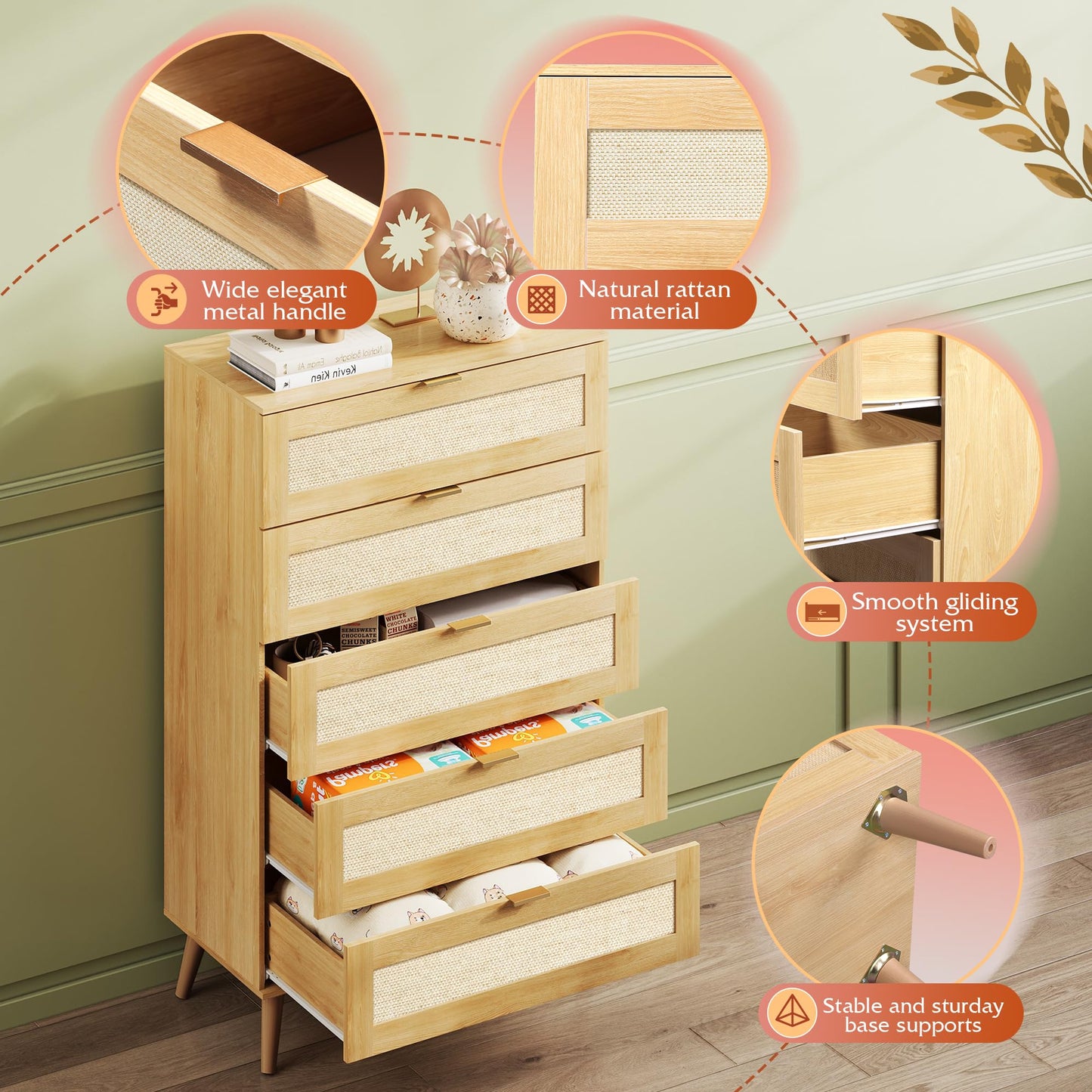 WLIVE Rattan Dresser for Bedroom, 5 Drawer Wood Boho Dresser Storage with Gold Metal Handle, Chest of Drawers for Living Room, Closet, Hallway, Light Oak