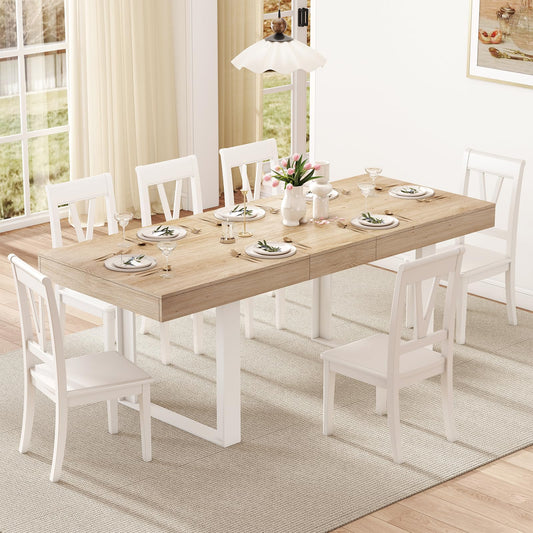 Zevemomo 63"-78.7" Expandable Dining Table, 6-10 Farmhouse Kitchen Table, Extendable Dining Table, Rectangular Kitchen Table with Metal Track, Tapered U-Shaped Legs for Dining Room, Office-Oak