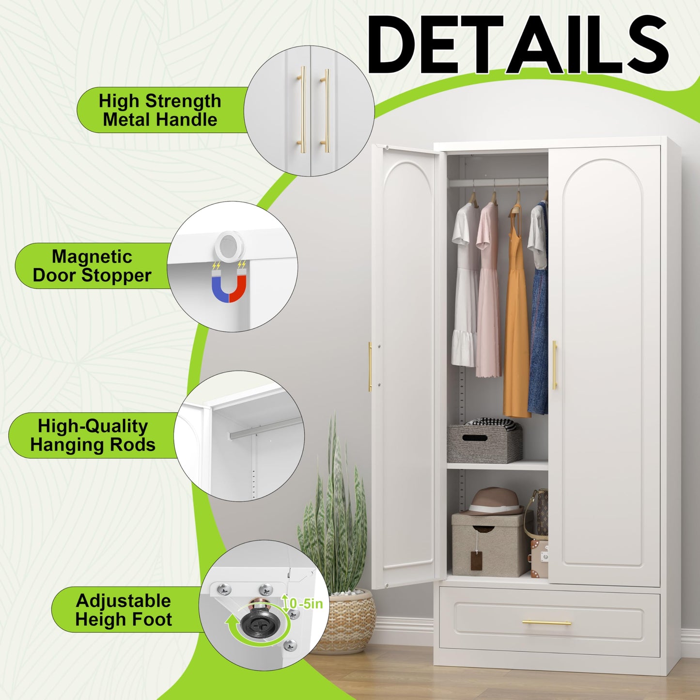 UNICOLY Armoire Wardrobe Closet with Doors, 71'' Wardrobe Cabinet with Hanging Rod, Metal Closet with 2 Adjustable Shelves for Bedroom School, Employee, Gym, Armarios De Ropa para Dormitorio, White