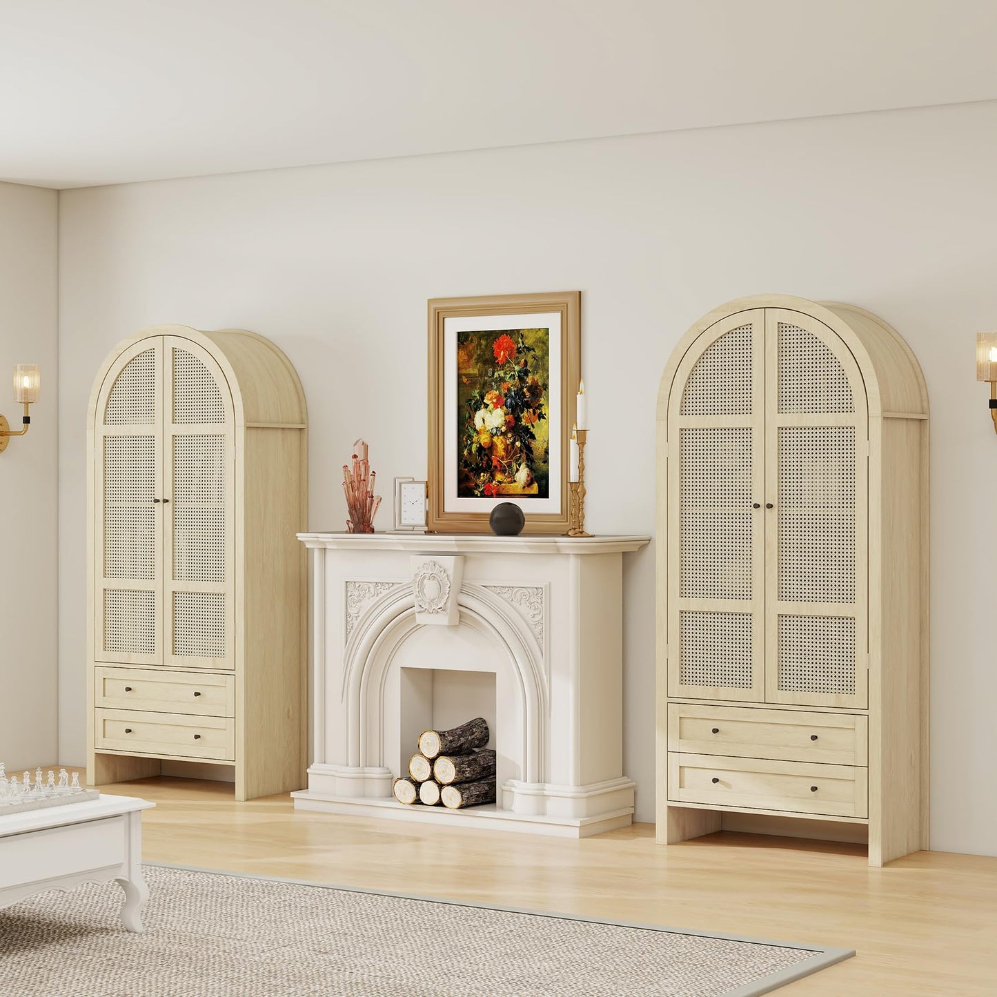 Woenei Arched Kitchen Pantry Cabinet, 71" Tall Arched Bookcase Rattan Storage Cabinet with Doors and Drawers Adjustable Shelves,Farmhouse Freestanding Cupboard for Bathroom,Living Room,Dining Room