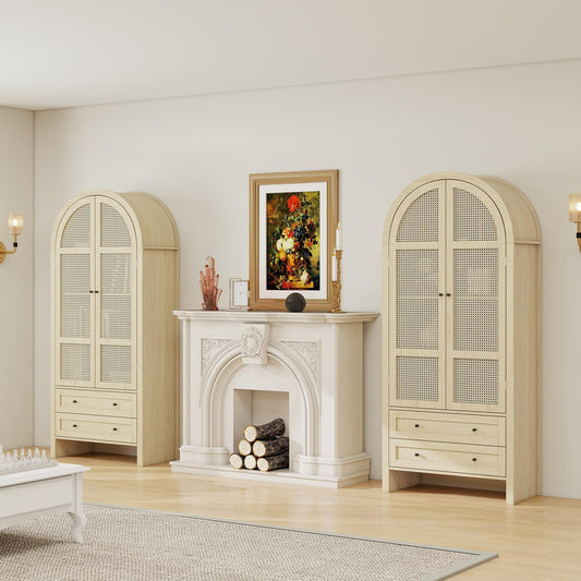 Woenei Arched Kitchen Pantry Cabinet, 71" Tall Arched Bookcase Rattan Storage Cabinet with Doors and Drawers Adjustable Shelves,Farmhouse Freestanding Cupboard for Bathroom,Living Room,Dining Room