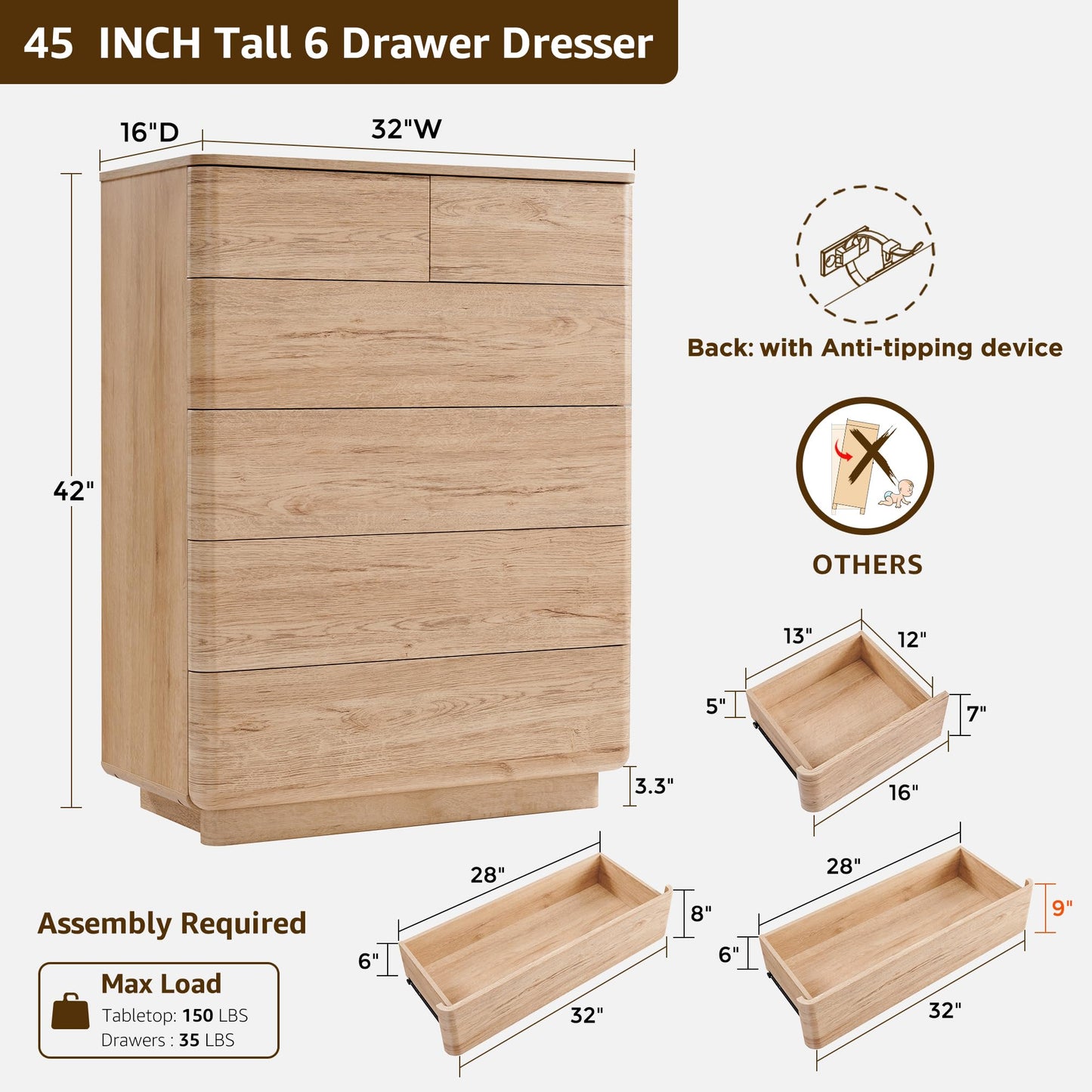 ACCOHOHO 6 Drawer Dresser for Bedroom, 42 Inch Tall Modern Chest of Drawers, Push-to-Open Wood Storgae Organizer with Large Drawers for Bedroom, Living Room, Hallway, Natural Oak