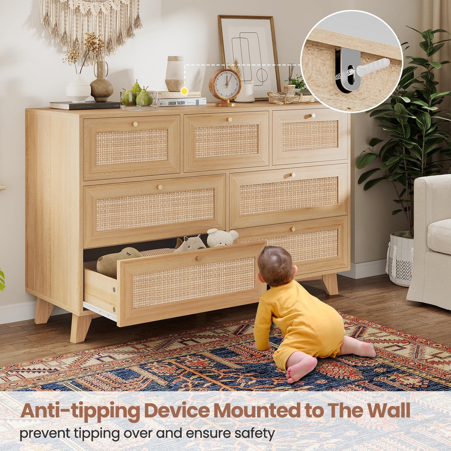 VIAGDO Rattan Dresser for Bedroom, 7 Drawer Dresser with Natural Rattan Drawers, Wooden Wide Cabinet with Gold Handles, Modern Closet Storage Chest of Drawers for Nursery Entryway Living Room